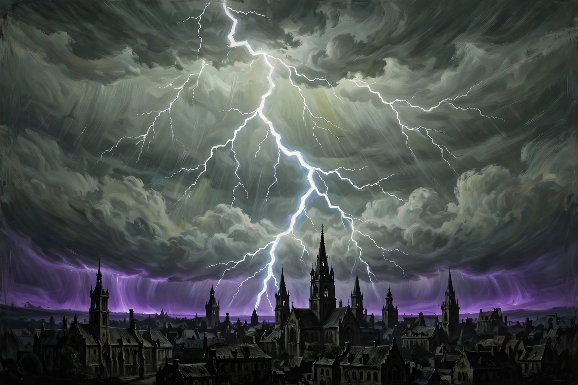 Lightning splitting the night sky over an old university town