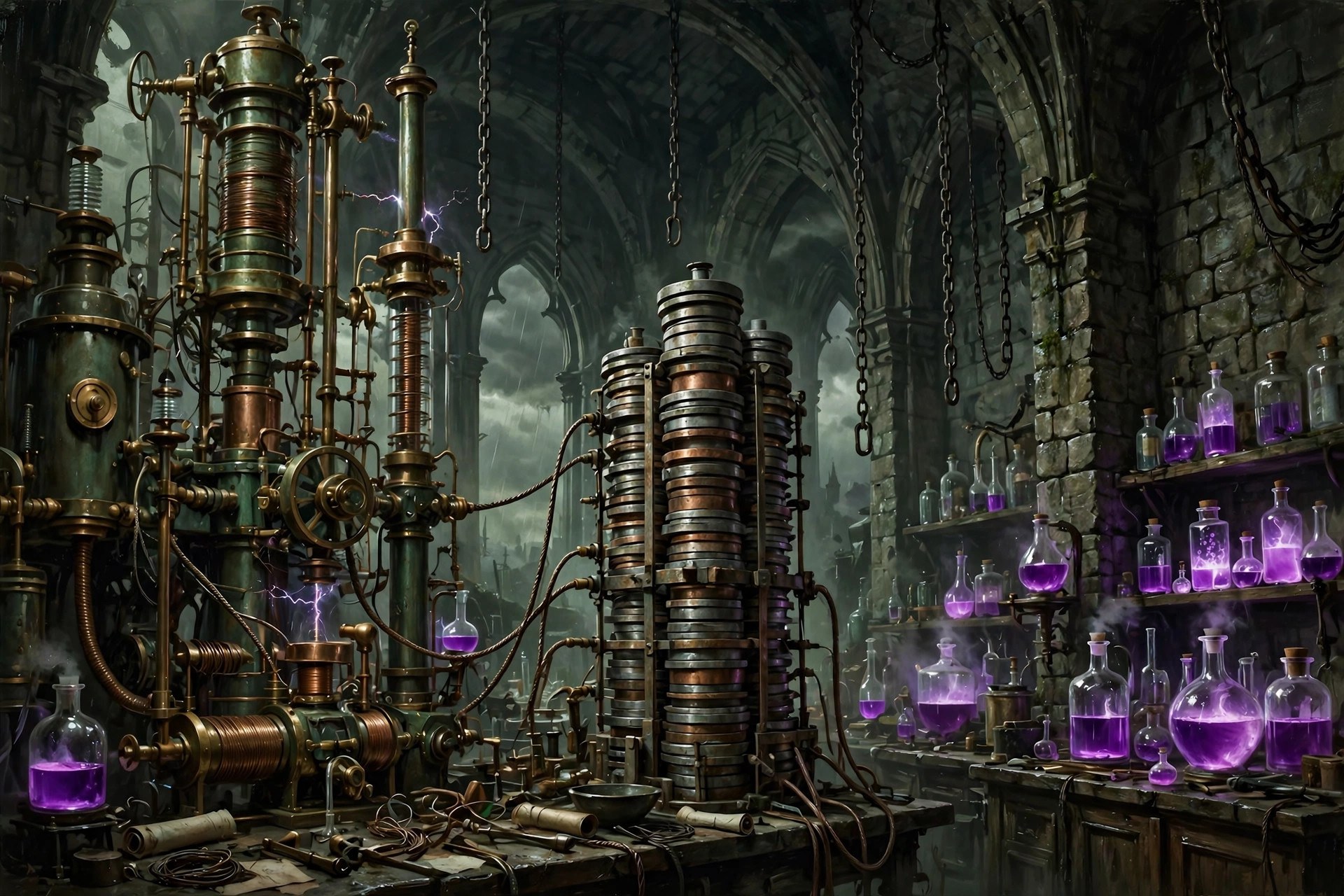 A vast gothic laboratory with a voltaic pile, Leyden jars and hanging chains
