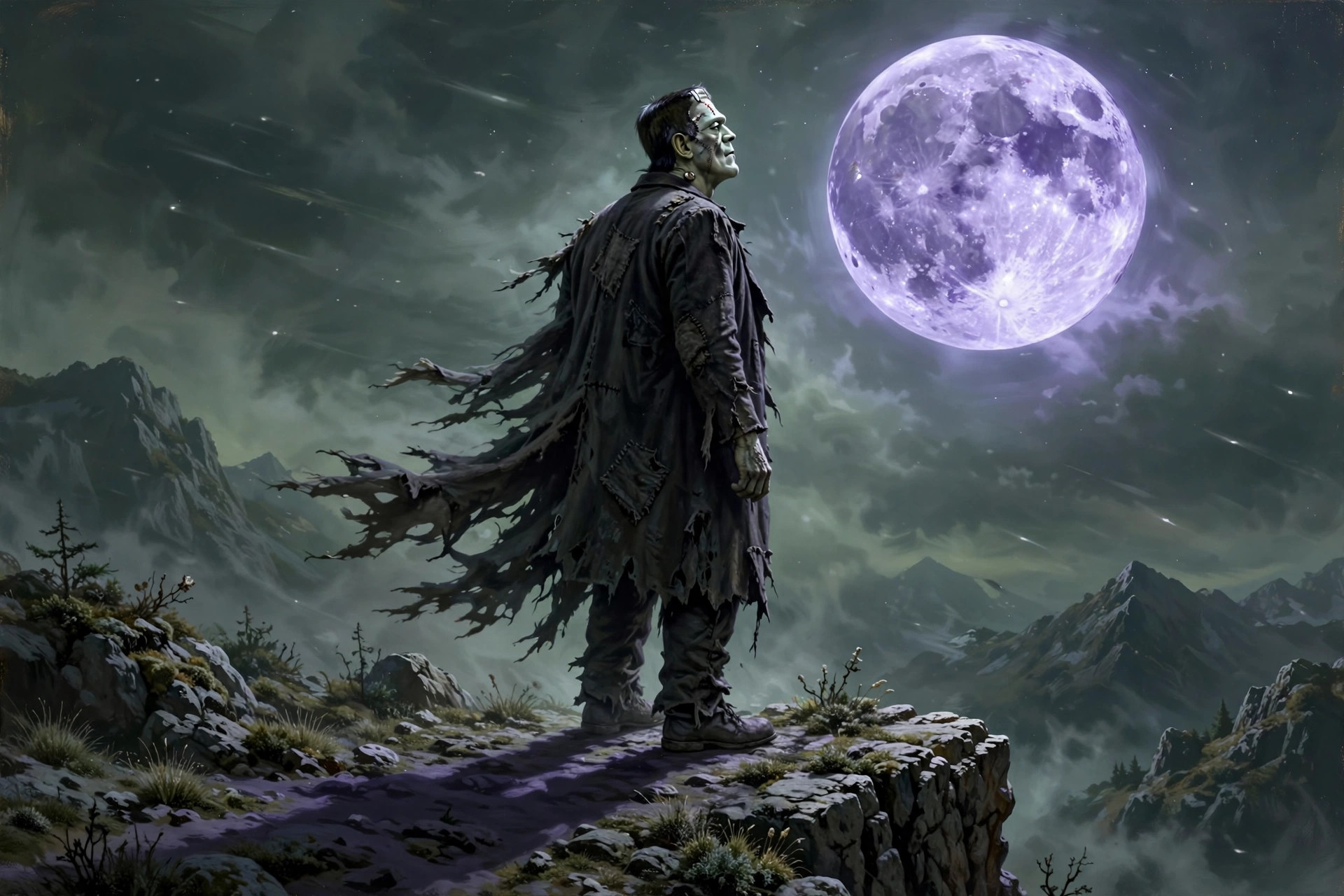 frankestein silhouetted on a cliff under a huge full moon