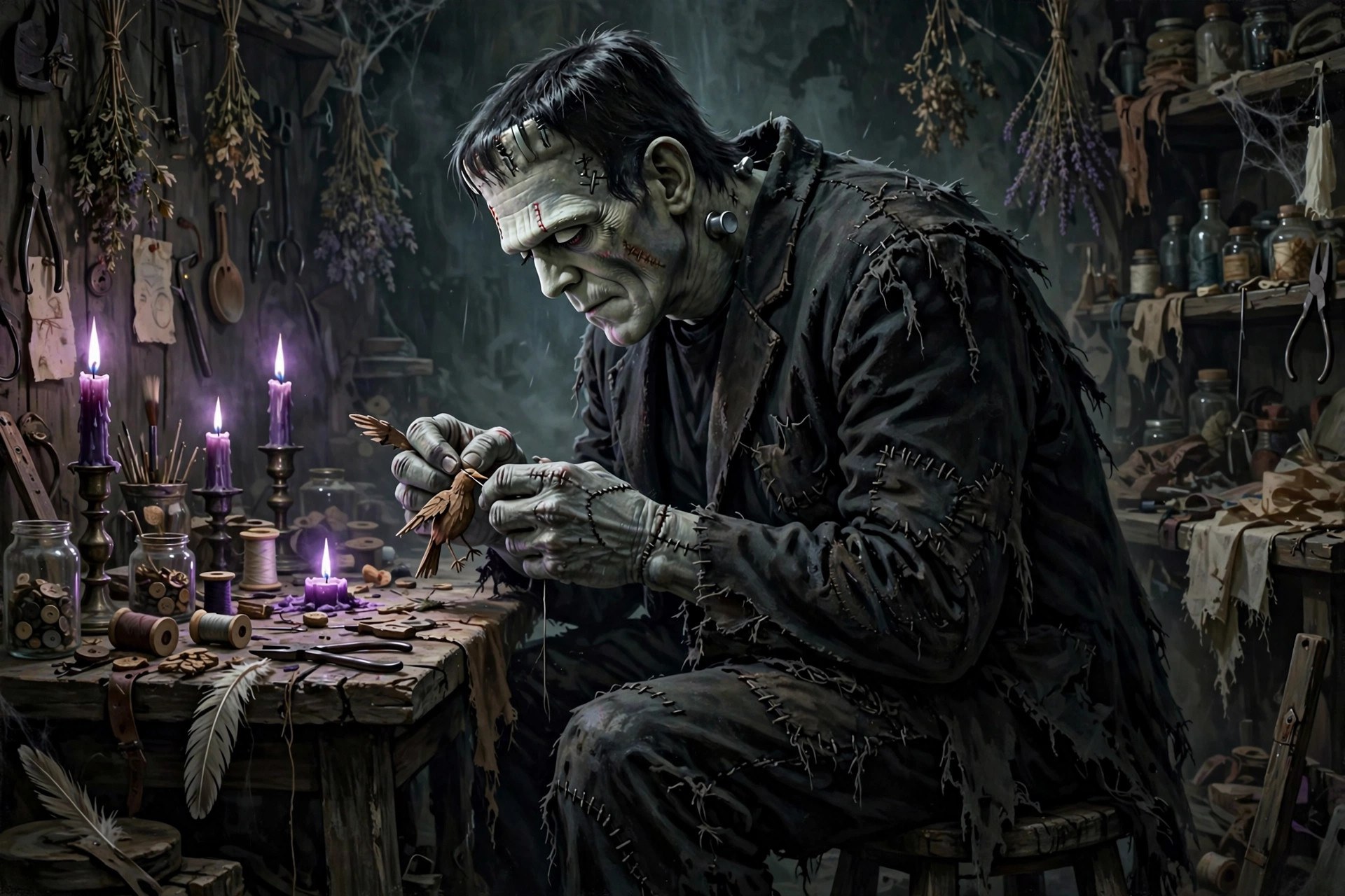frankestein mending a tiny wooden bird in his candle-lit workshop