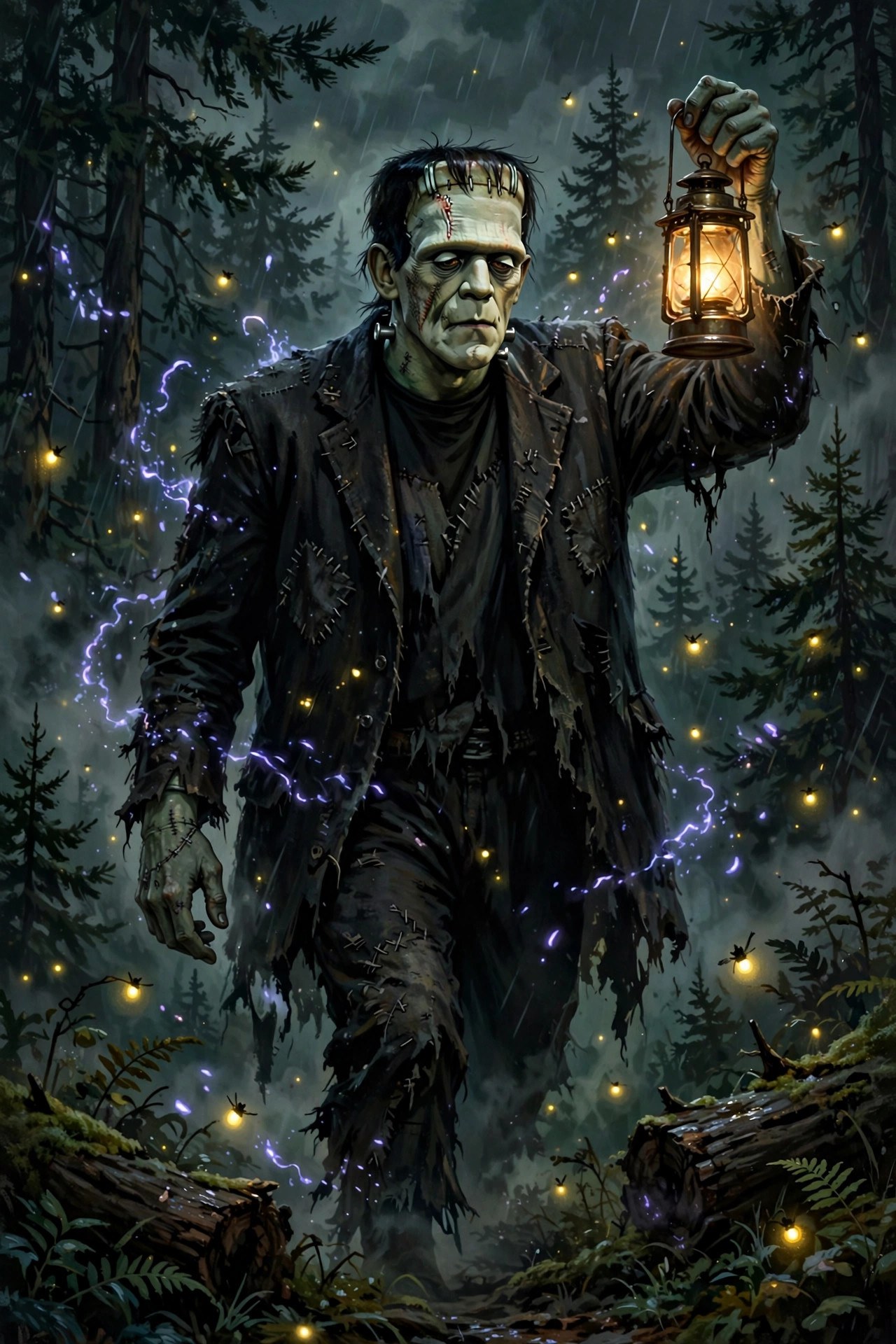 frankestein carrying a lantern through a dark pine forest