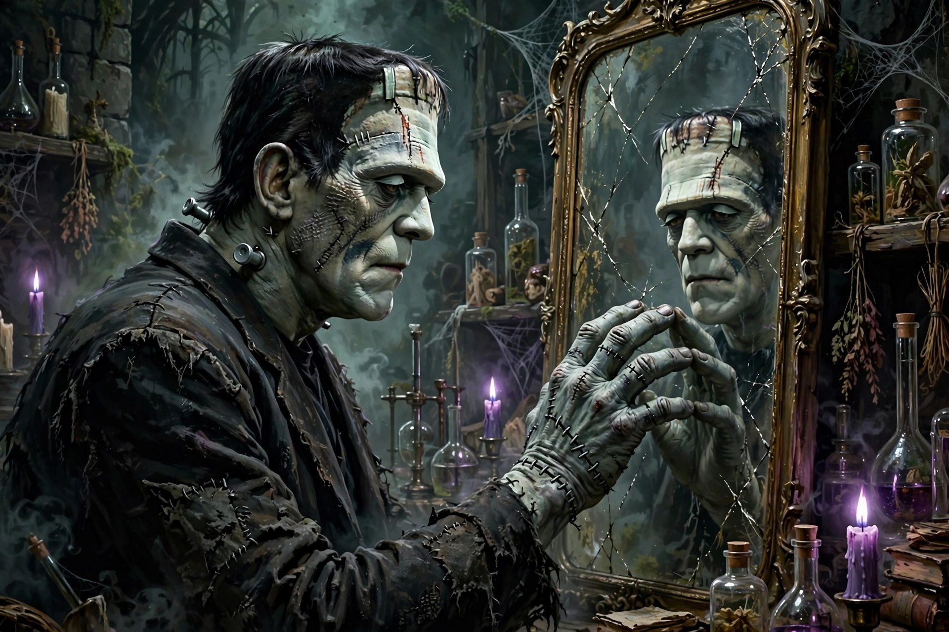 frankestein gazing at his reflection in a cracked mirror