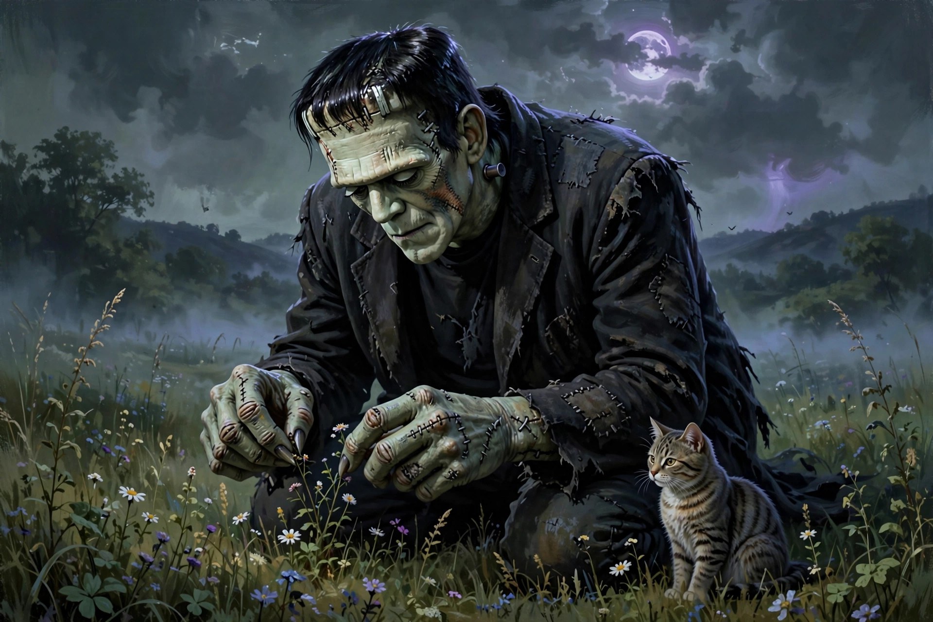 frankestein picking wildflowers in a moonlit meadow with a cat
