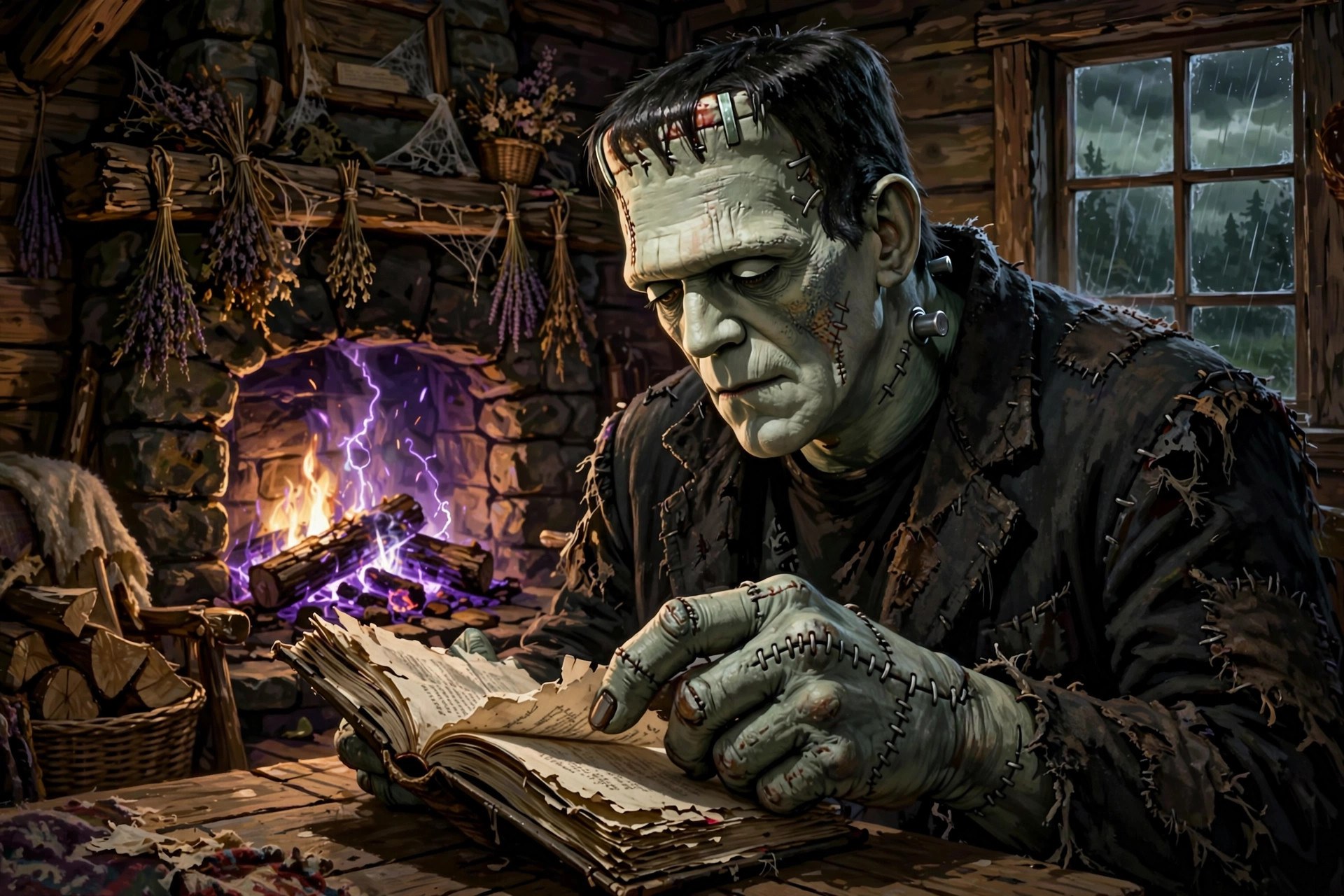 frankestein reading by a stone fireplace in a cottage