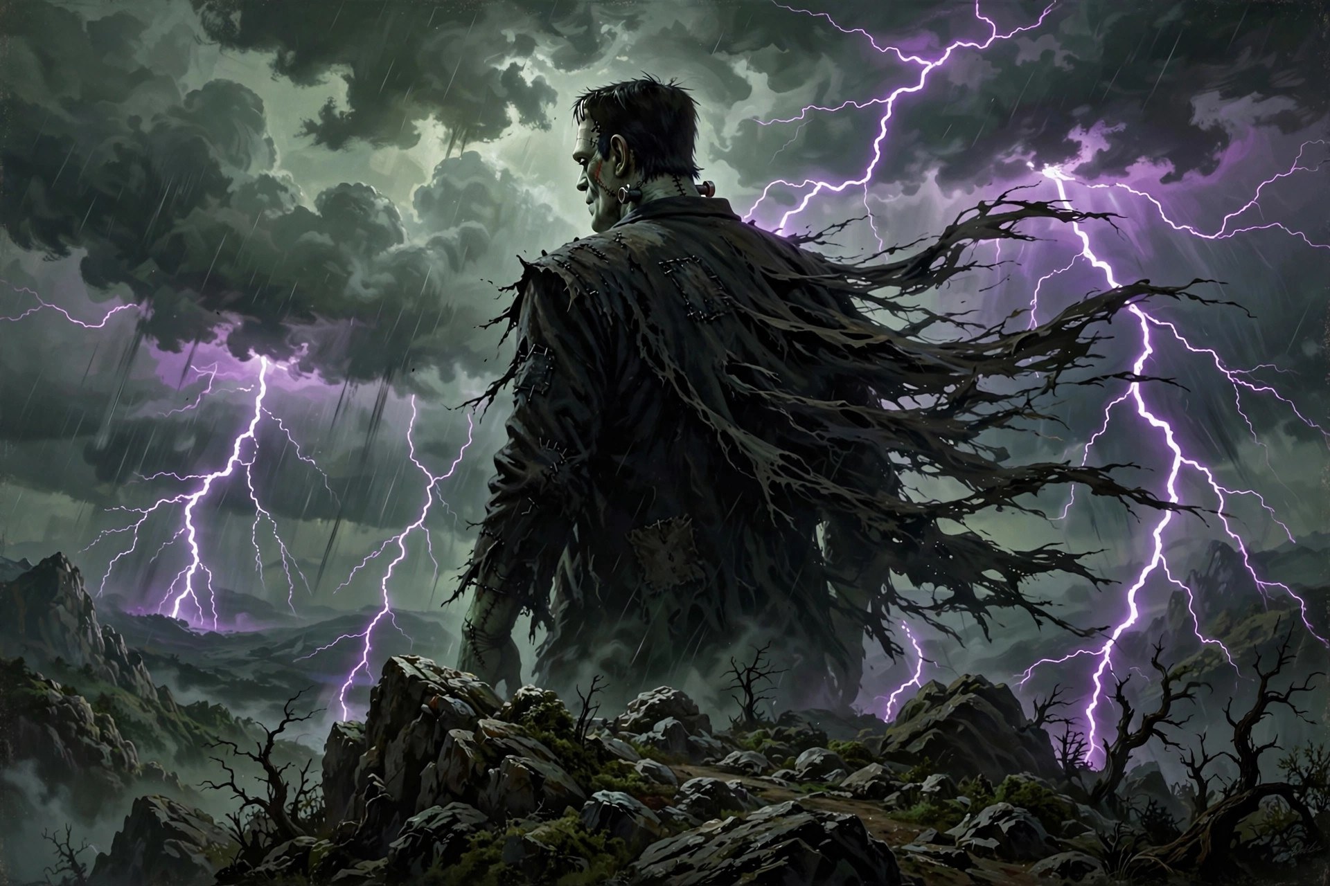 frankestein silhouetted against a violent thunderstorm