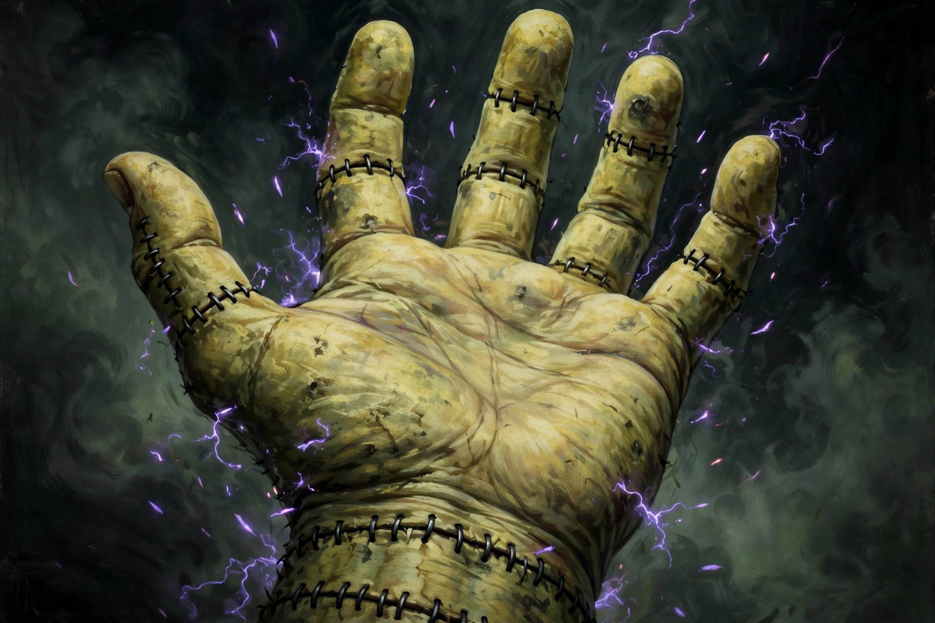 Close-up of frankestein's stitched hand extended in offering