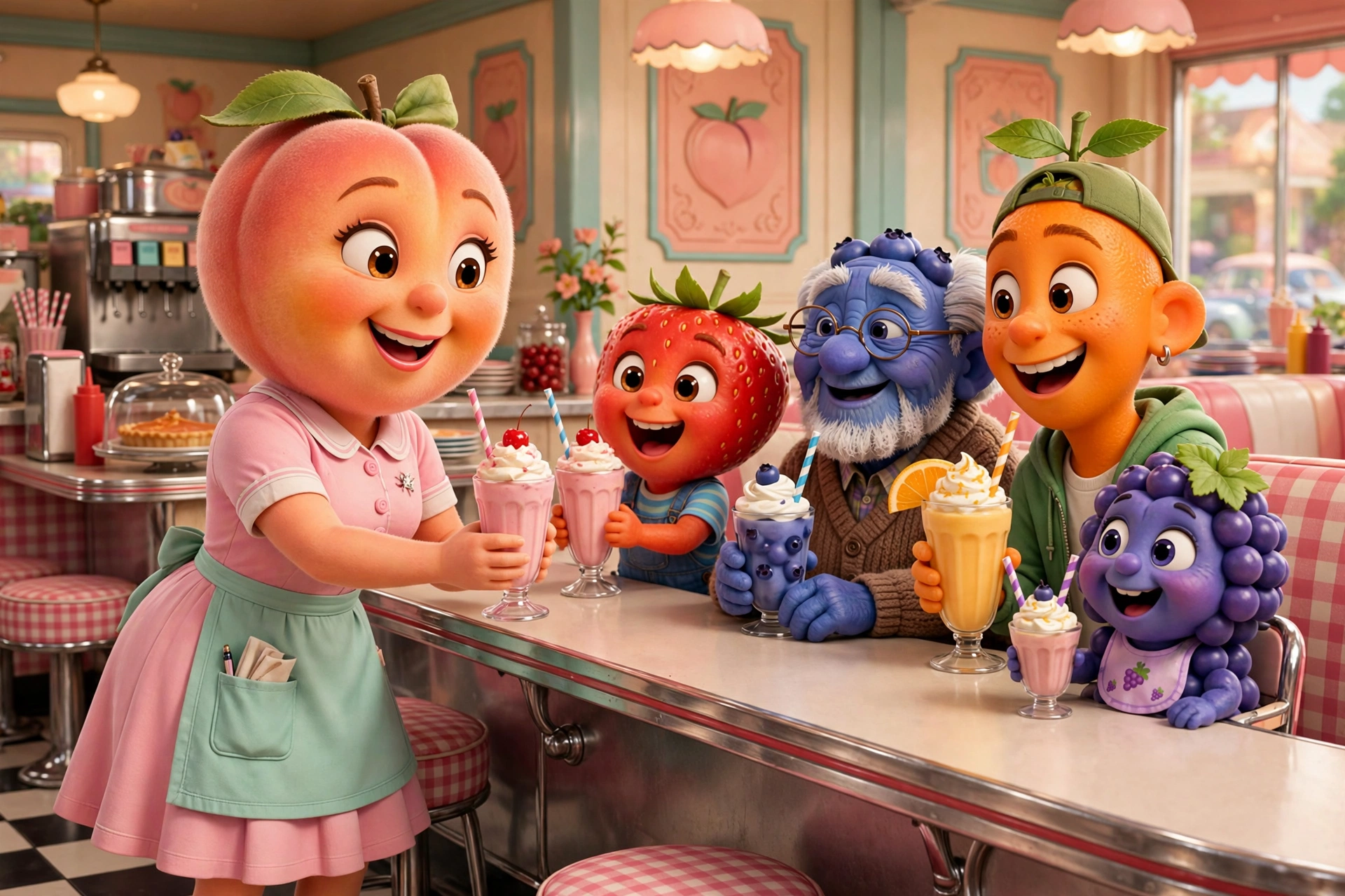 AI-generated dramatization art: Georgia serving milkshakes to a crowd of cartoon fruit-person friends at the diner counter