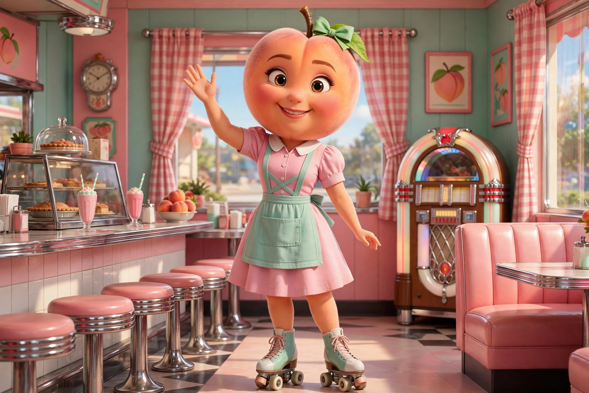 AI-generated dramatization art: Georgia Melba, a cheerful peach-person character in a 1950s pastel waitress dress and roller skates, waving in a retro peach diner