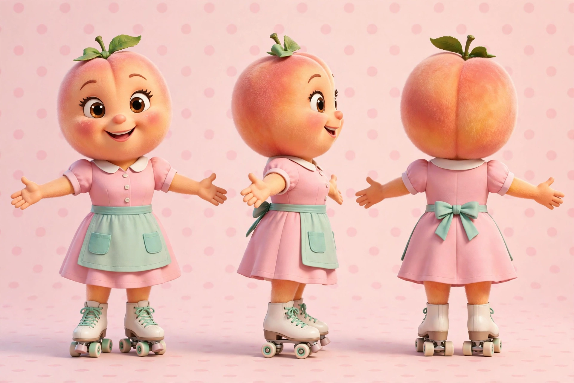 AI-generated dramatization art: Georgia Melba full-body portrait — a cheerful peach-person in a pastel-pink 1950s waitress dress, mint apron and roller skates