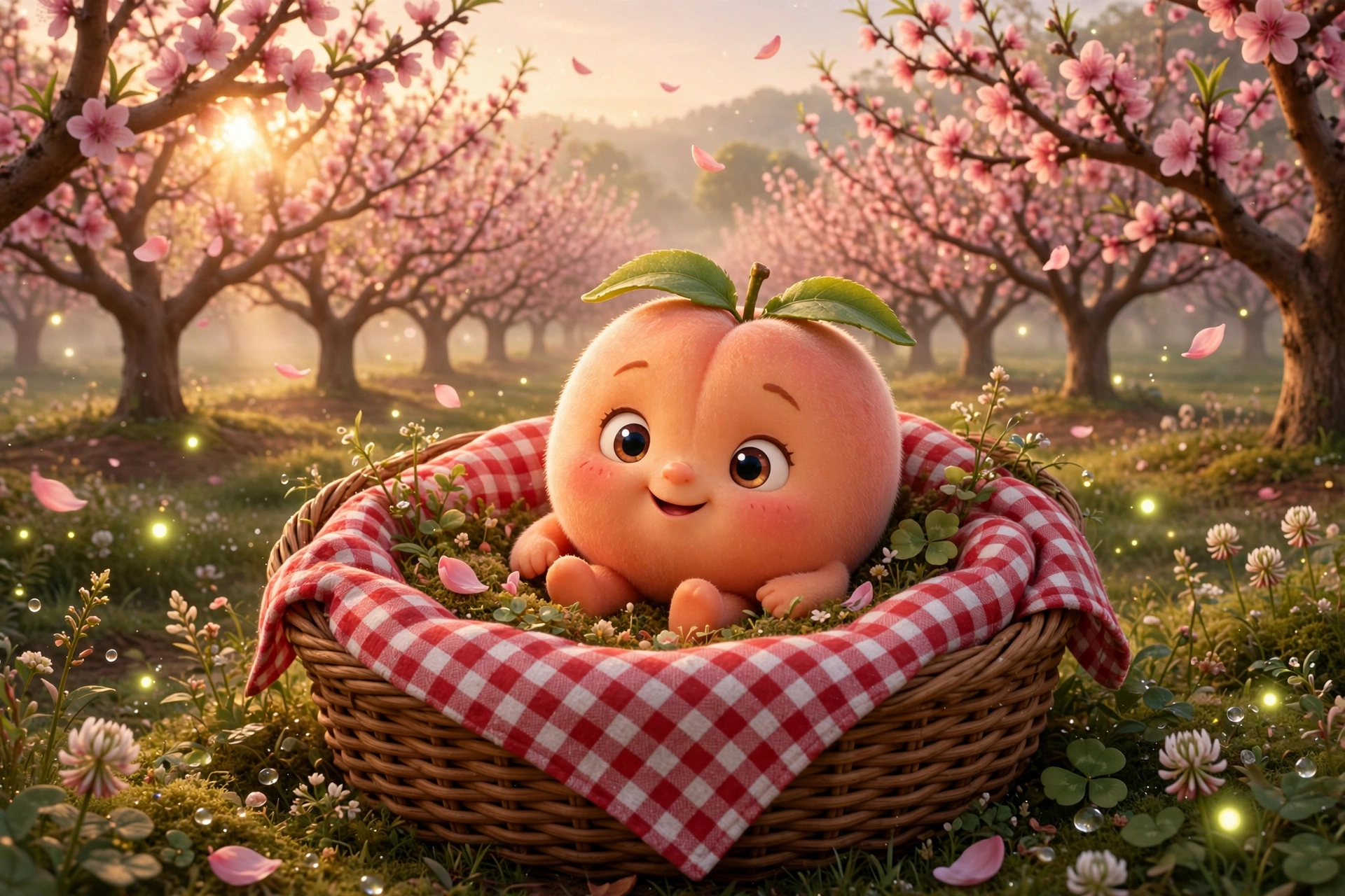 AI-generated dramatization art: baby Georgia as a tiny peach nestled in a gingham-lined picnic basket in a blossoming peach orchard at sunrise