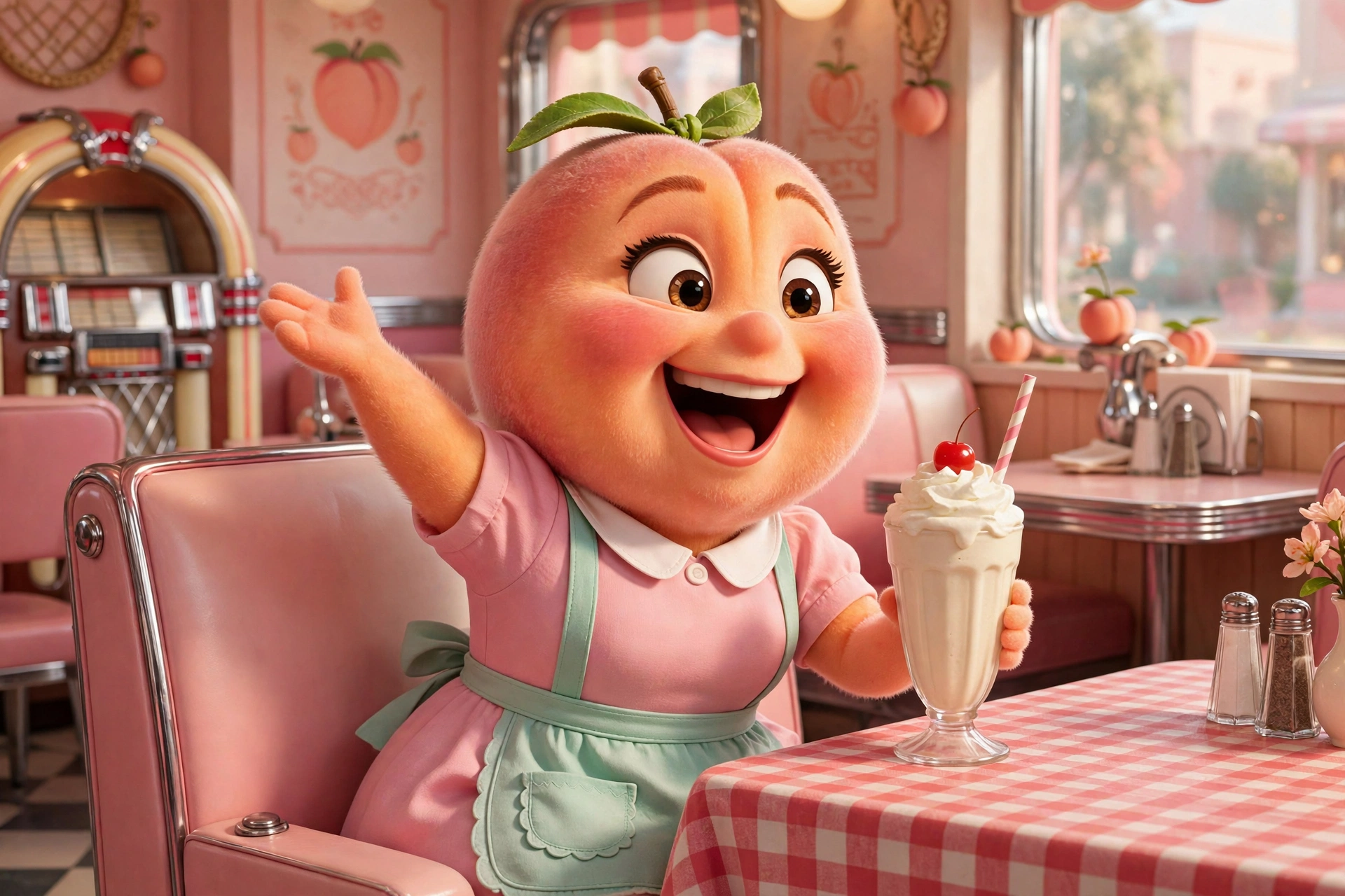 AI-generated dramatization art: Georgia laughing in a pastel diner booth with a milkshake, mid-story, radiating warmth