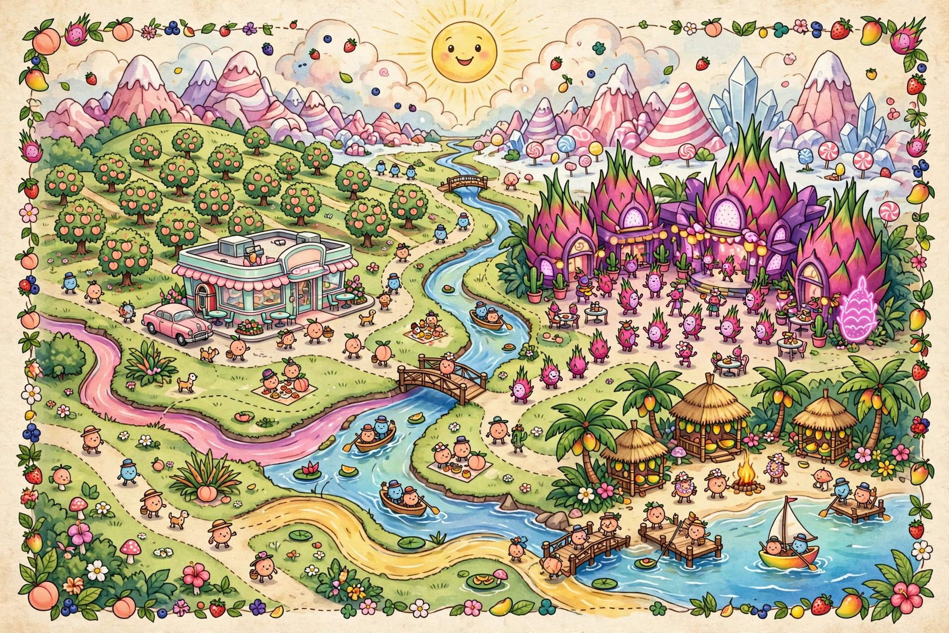 AI-generated storybook map of Fruitopia showing the Peach Pit Diner town, the Neon Grove nightclub district, the Tiki Cove, juice rivers and candy mountains