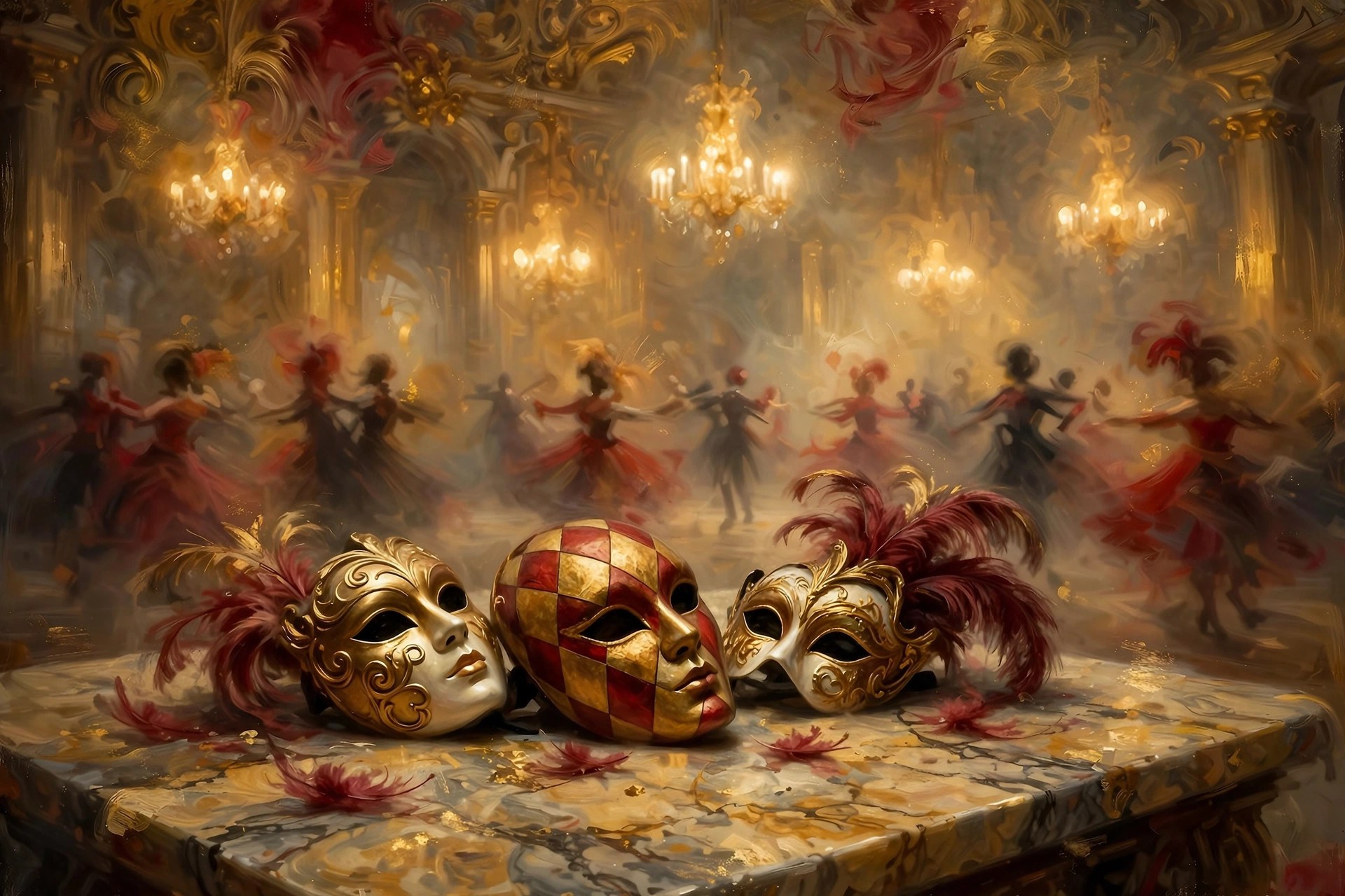 AI-generated dramatization art: an ornate 18th-century Venetian ballroom with chandeliers