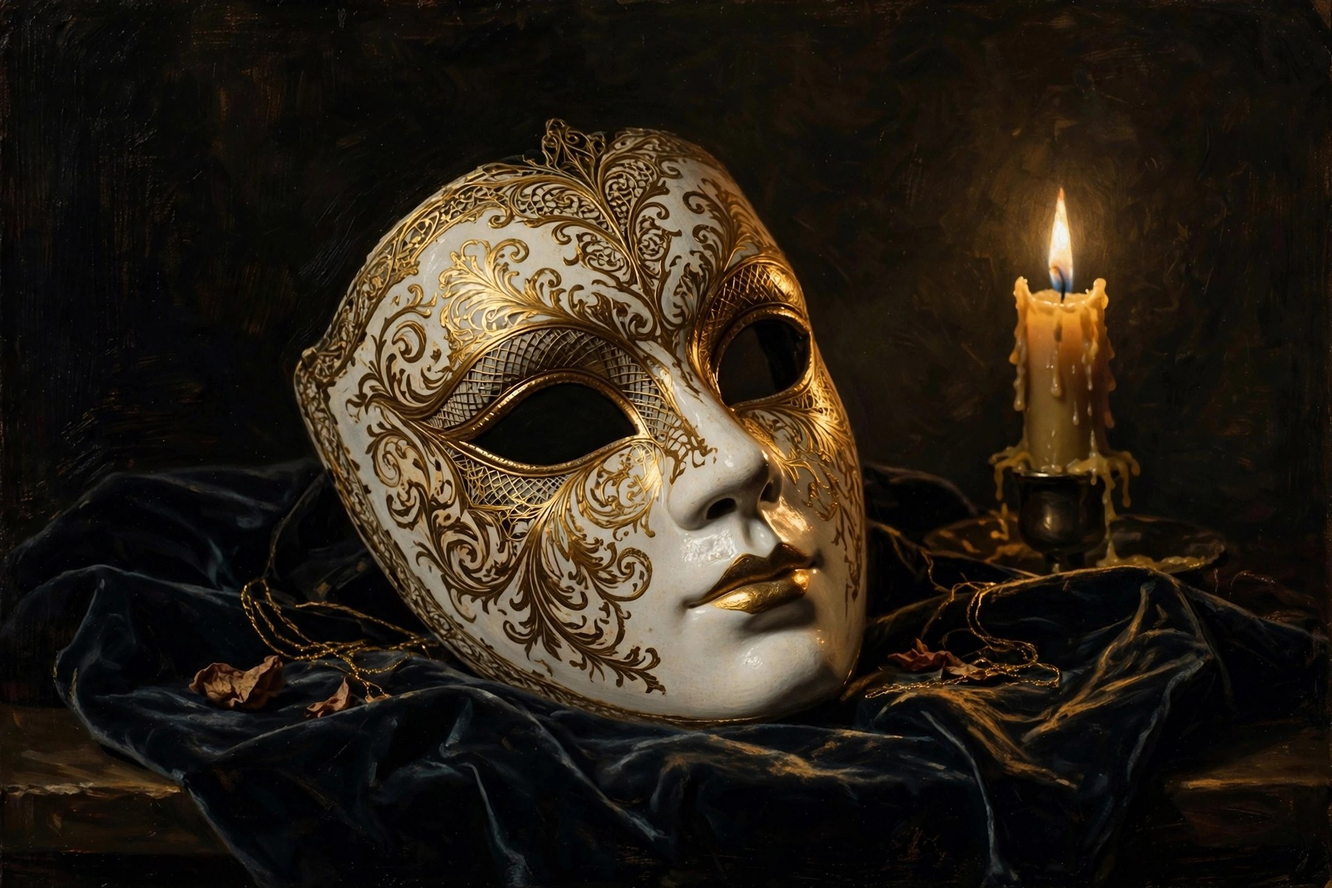 AI-generated dramatization art: a Venetian carnival mask with gold filigree on dark velvet