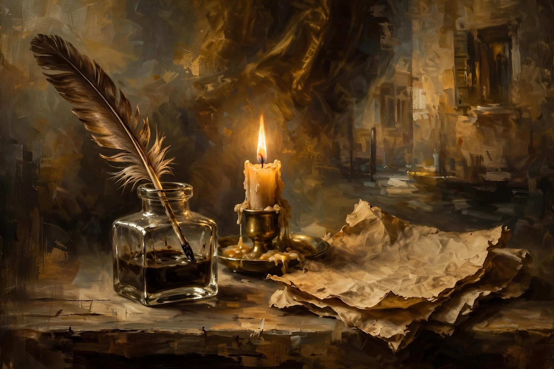AI-generated dramatization art: a quill pen in an inkwell beside a candle and manuscript paper