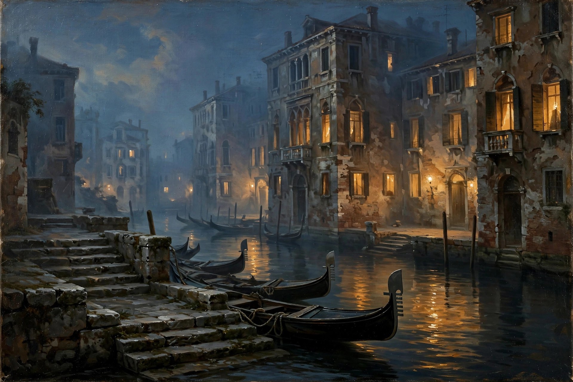 AI-generated painting of a Venetian canal at dusk with empty gondolas — atmospheric dramatization art, not a historical depiction