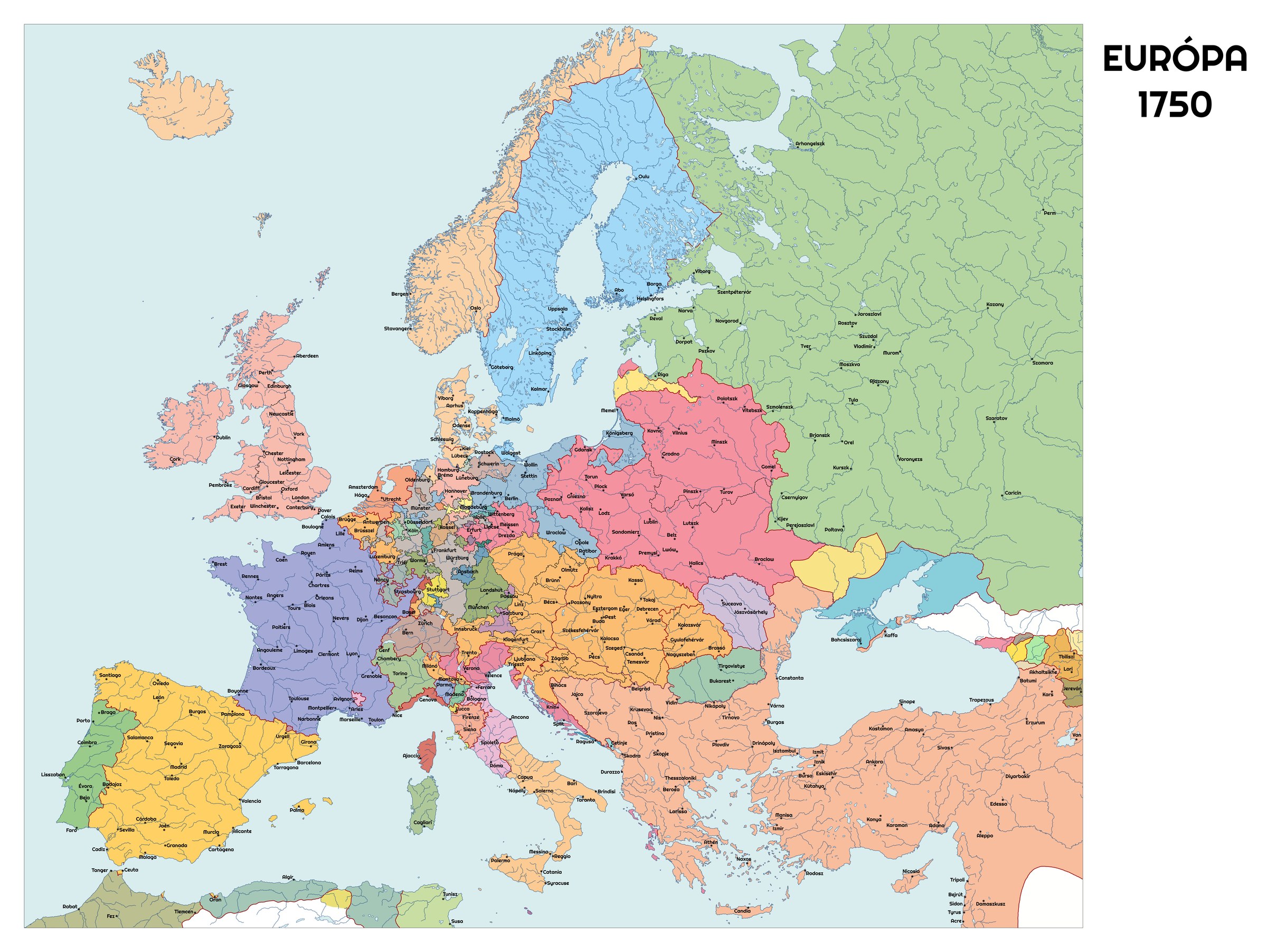A modern historical map of Europe around 1750, for orientation
