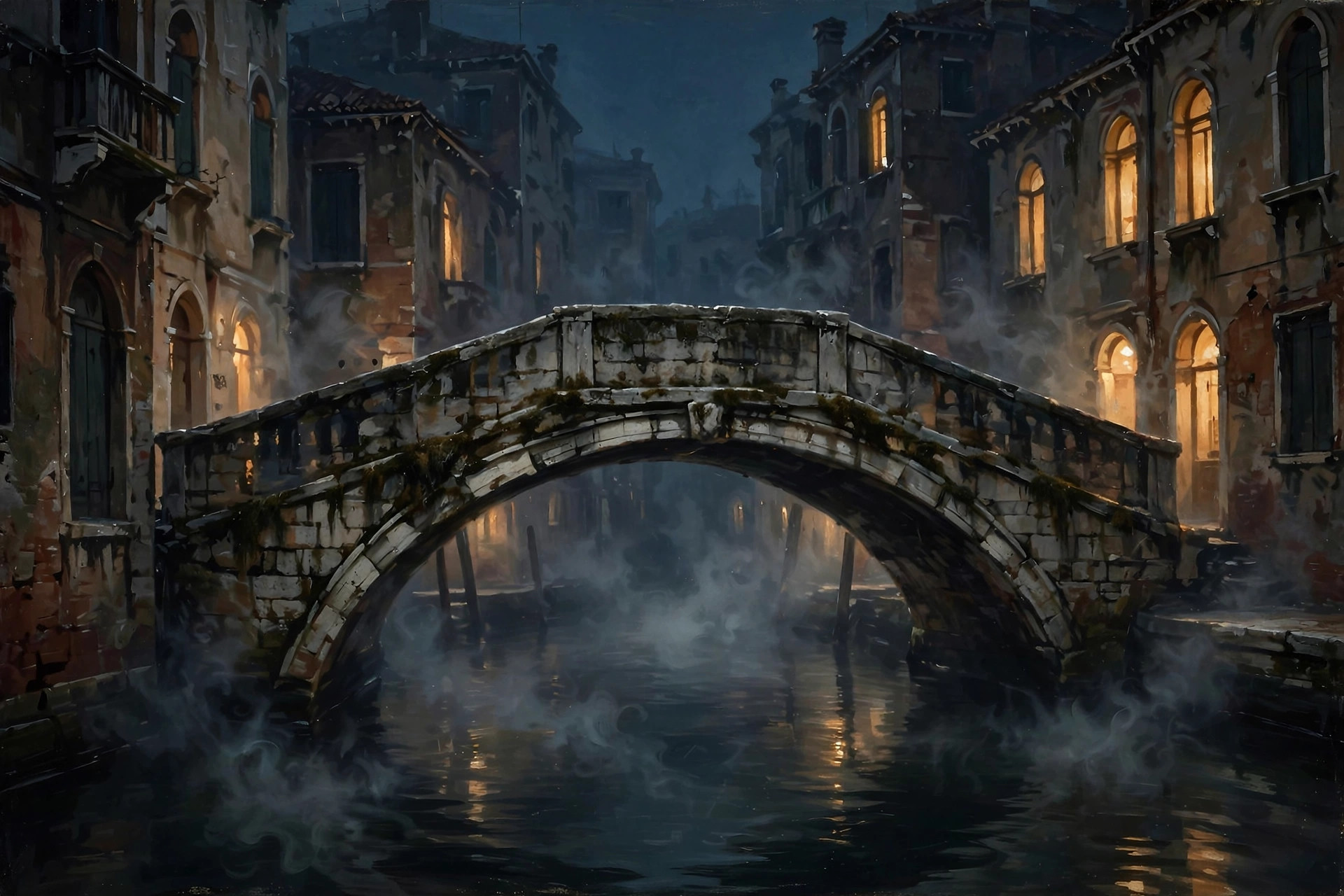 AI-generated dramatization art: a Venetian stone bridge over a dark canal at night