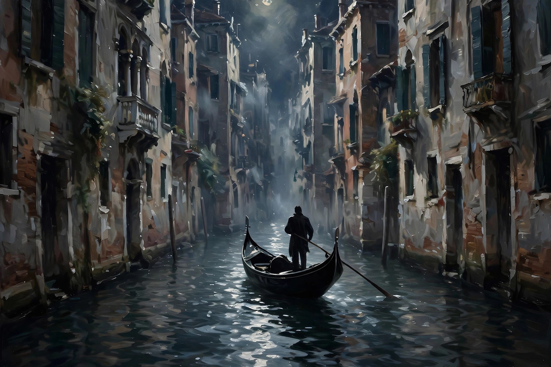 AI-generated dramatization art: a gondola gliding through a moonlit Venetian canal