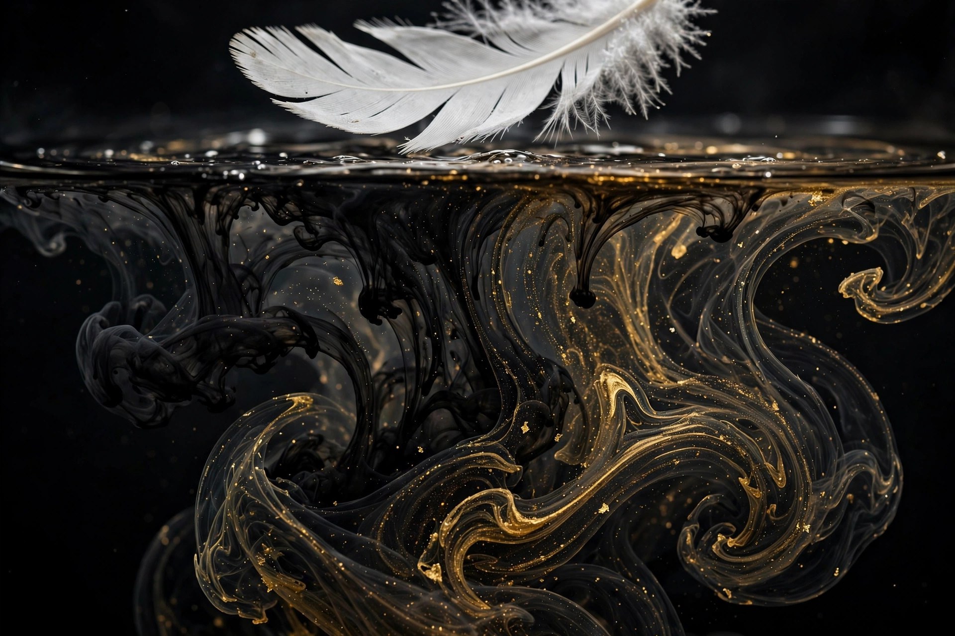 AI-generated dramatization art: dark ink swirling in water beneath a floating feather