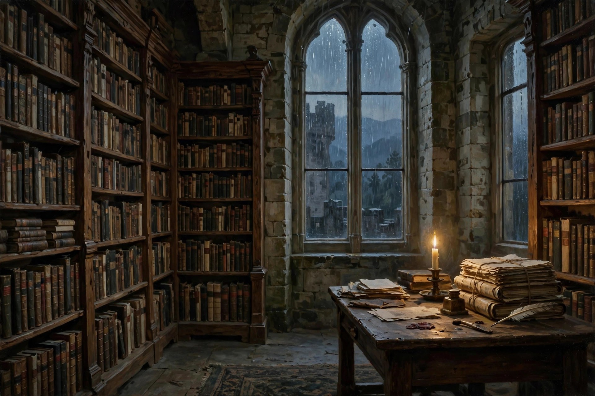 AI-generated dramatization art: an old castle library at dusk