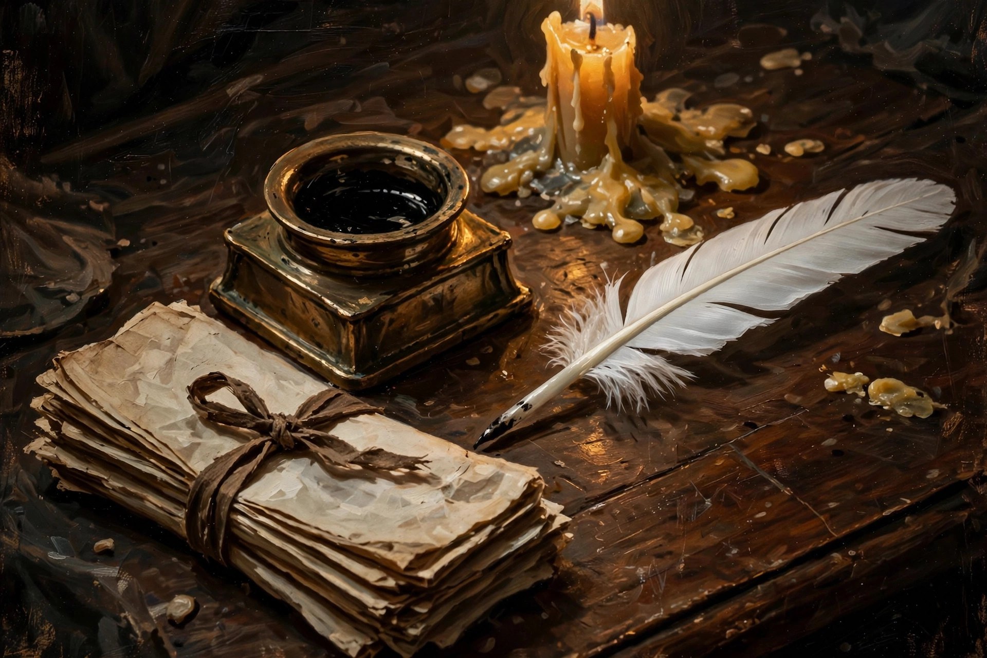 AI-generated dramatization art: a writer's desk at night with quill, inkwell, and sealed letters