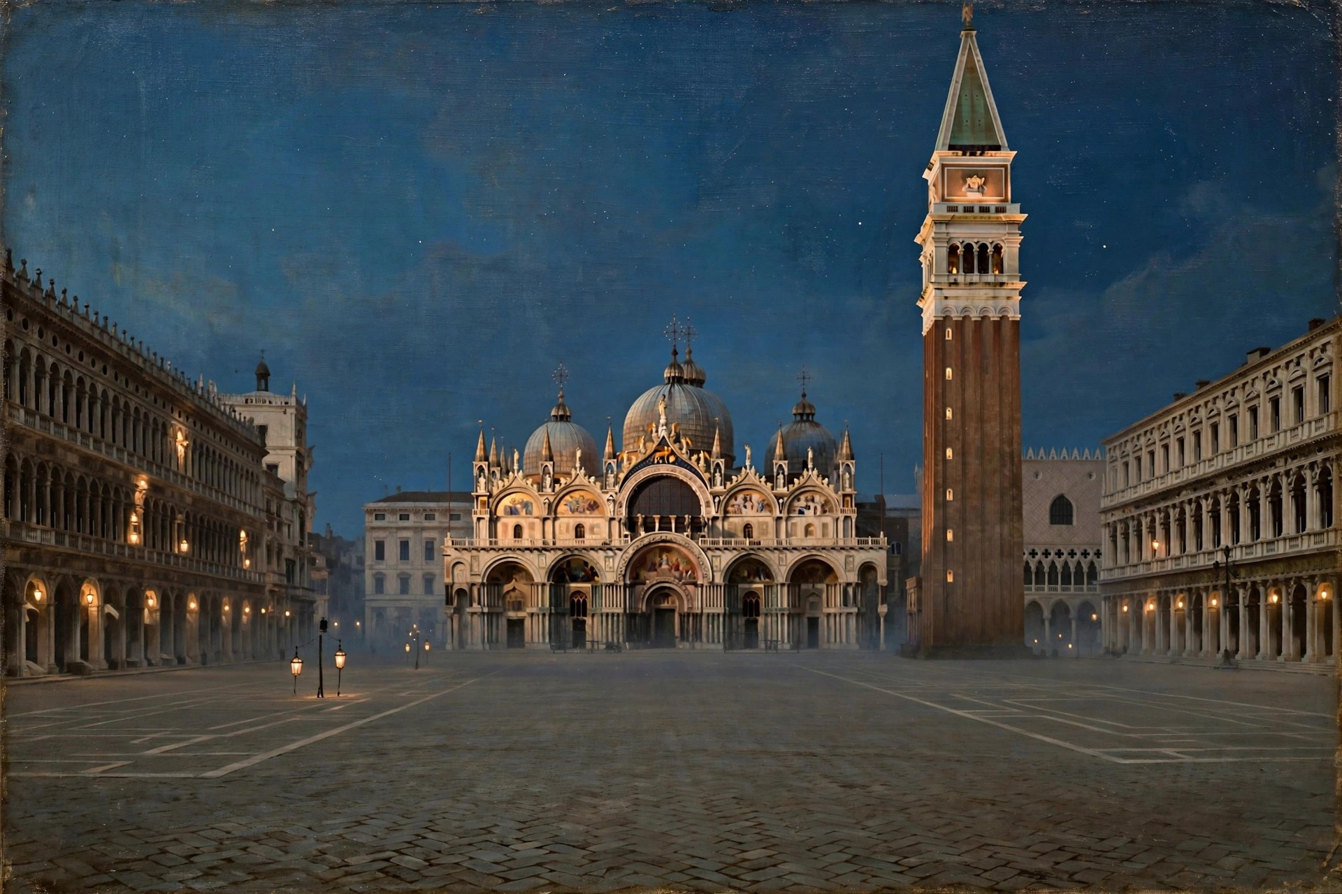 AI-generated dramatization art: Saint Mark's Square in Venice at night