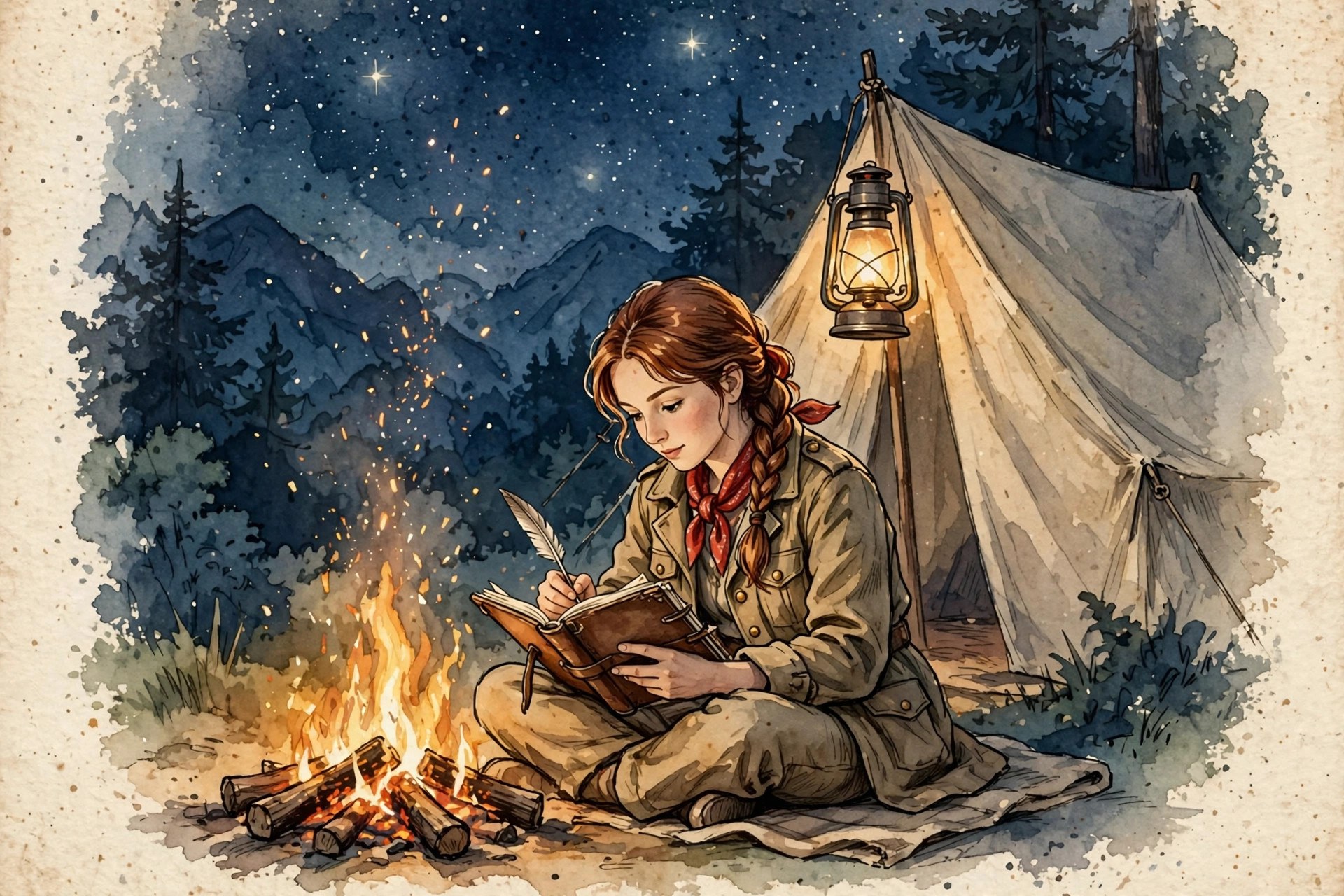 AI-generated dramatization art: an adventurer writing in her journal by campfire light at night