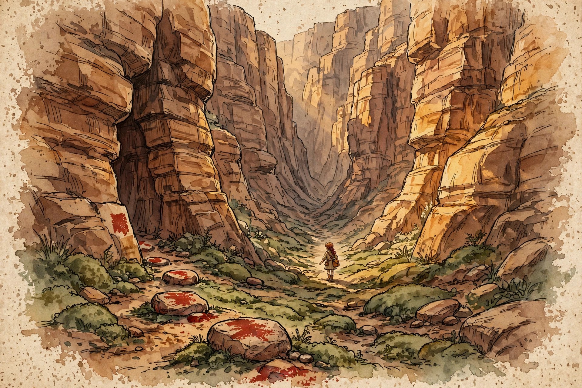 AI-generated dramatization art: the fictional Valley of Echoes, a vast desert canyon corridor with red marker stones