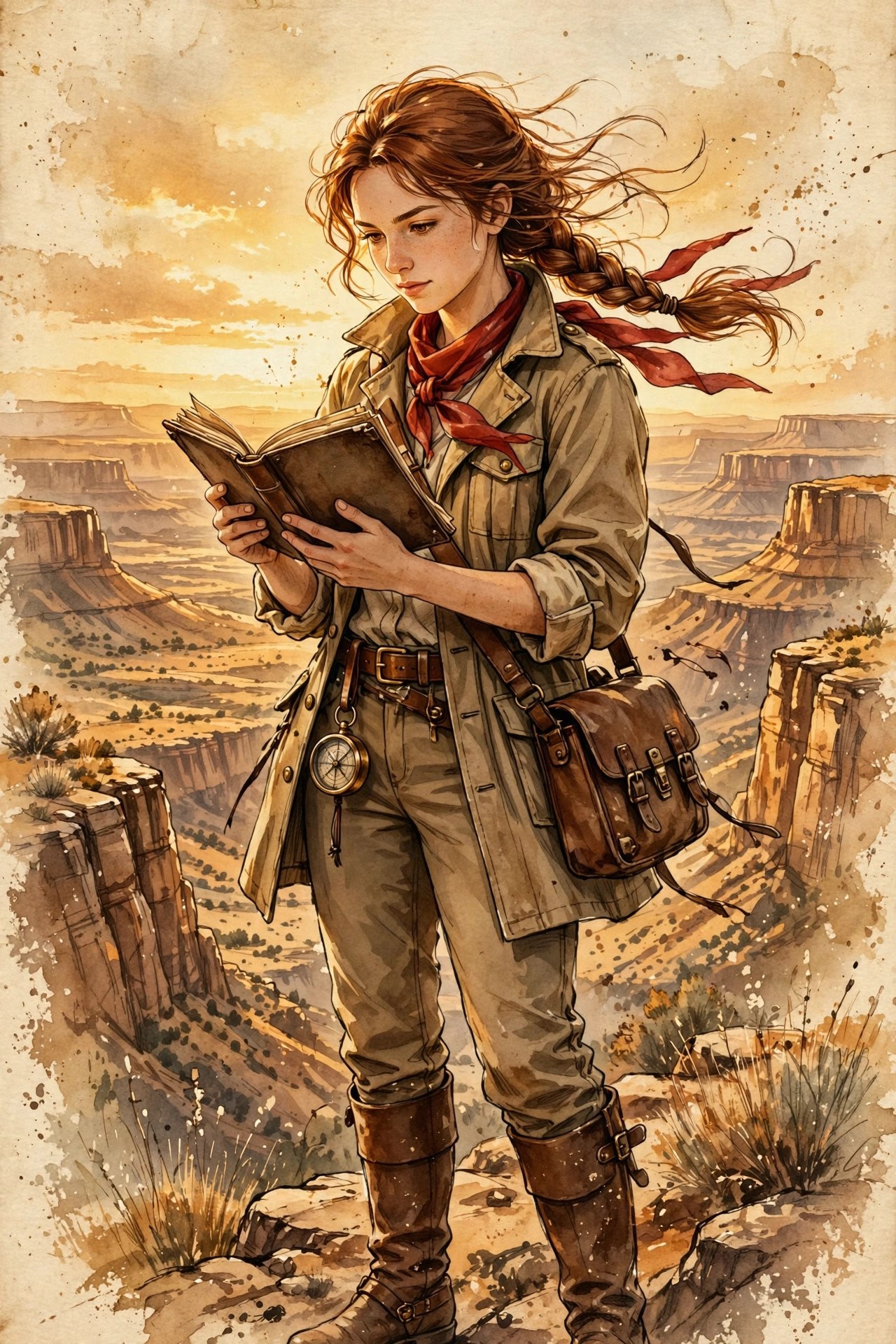AI-generated dramatization art: girl adventurer, a fictional young woman explorer with auburn braid and brass compass, reading her field journal on a canyon overlook