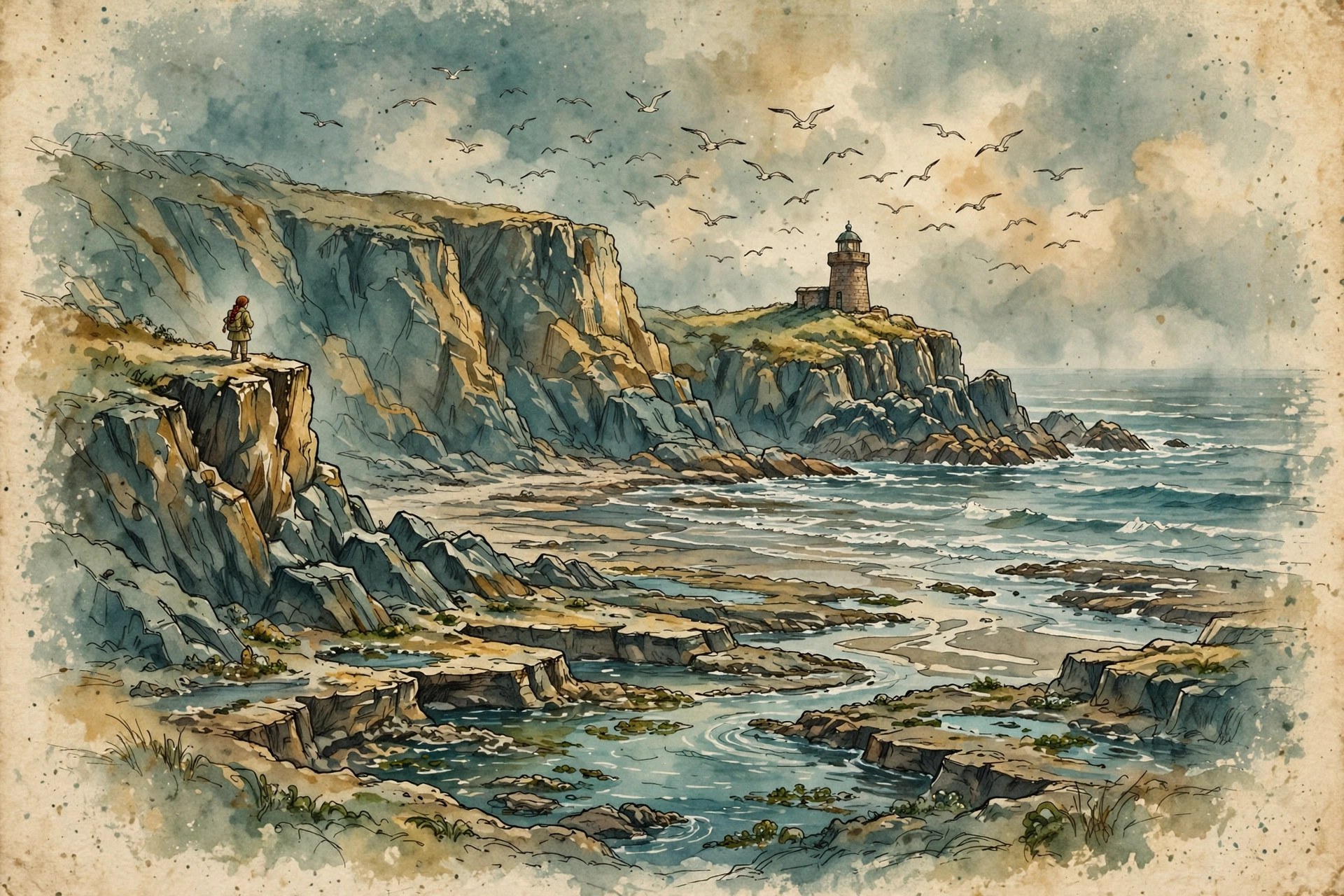AI-generated dramatization art: sea cliffs at low tide with a small lighthouse