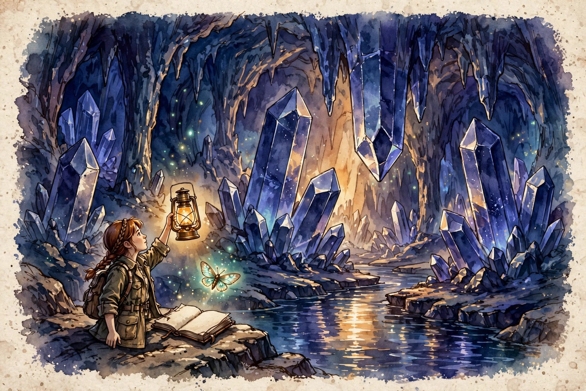 AI-generated dramatization art: the fictional Lantern Deep, a crystal cavern glowing with lantern light
