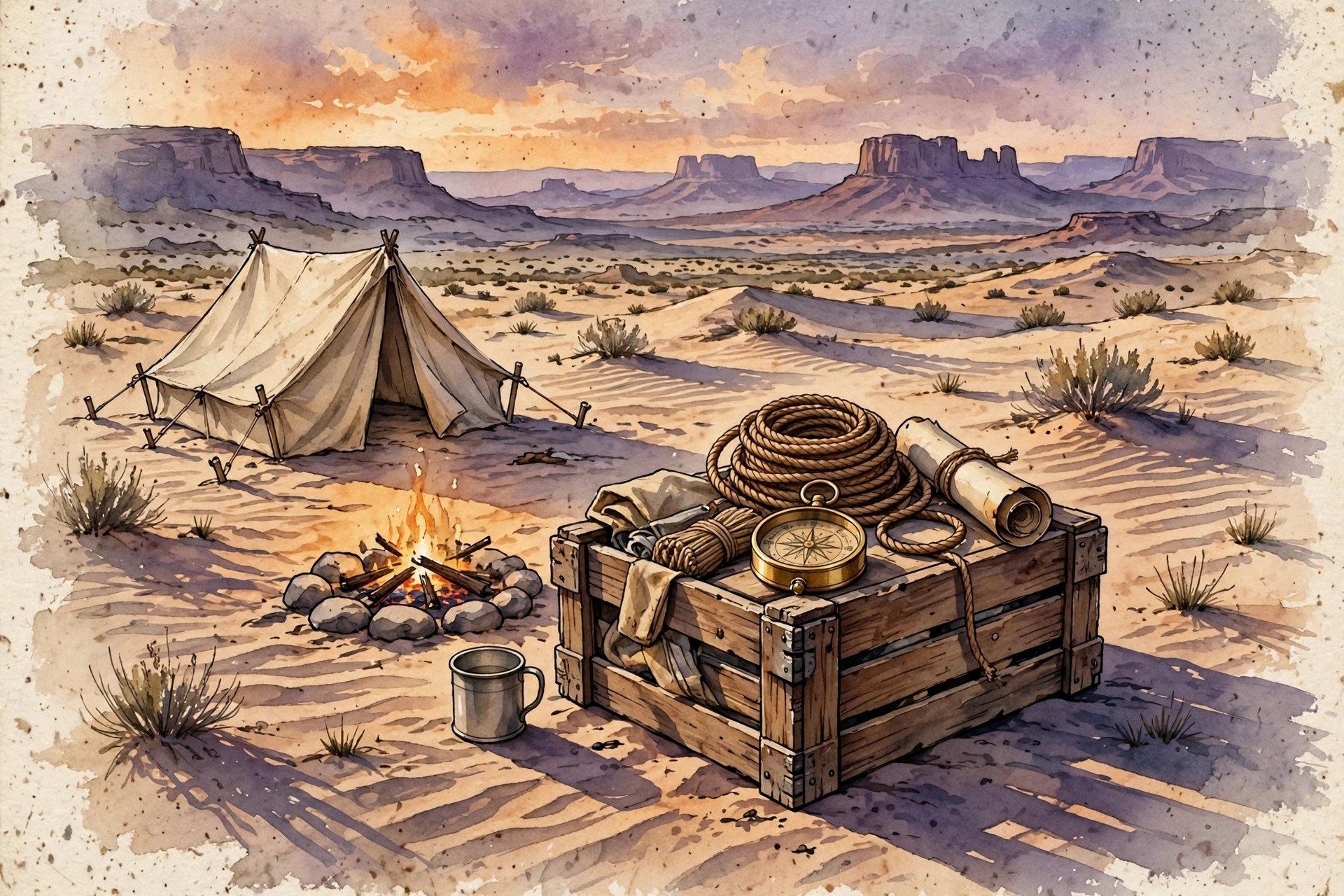AI-generated dramatization art: a desert expedition camp at dusk — tent, campfire, supply crate