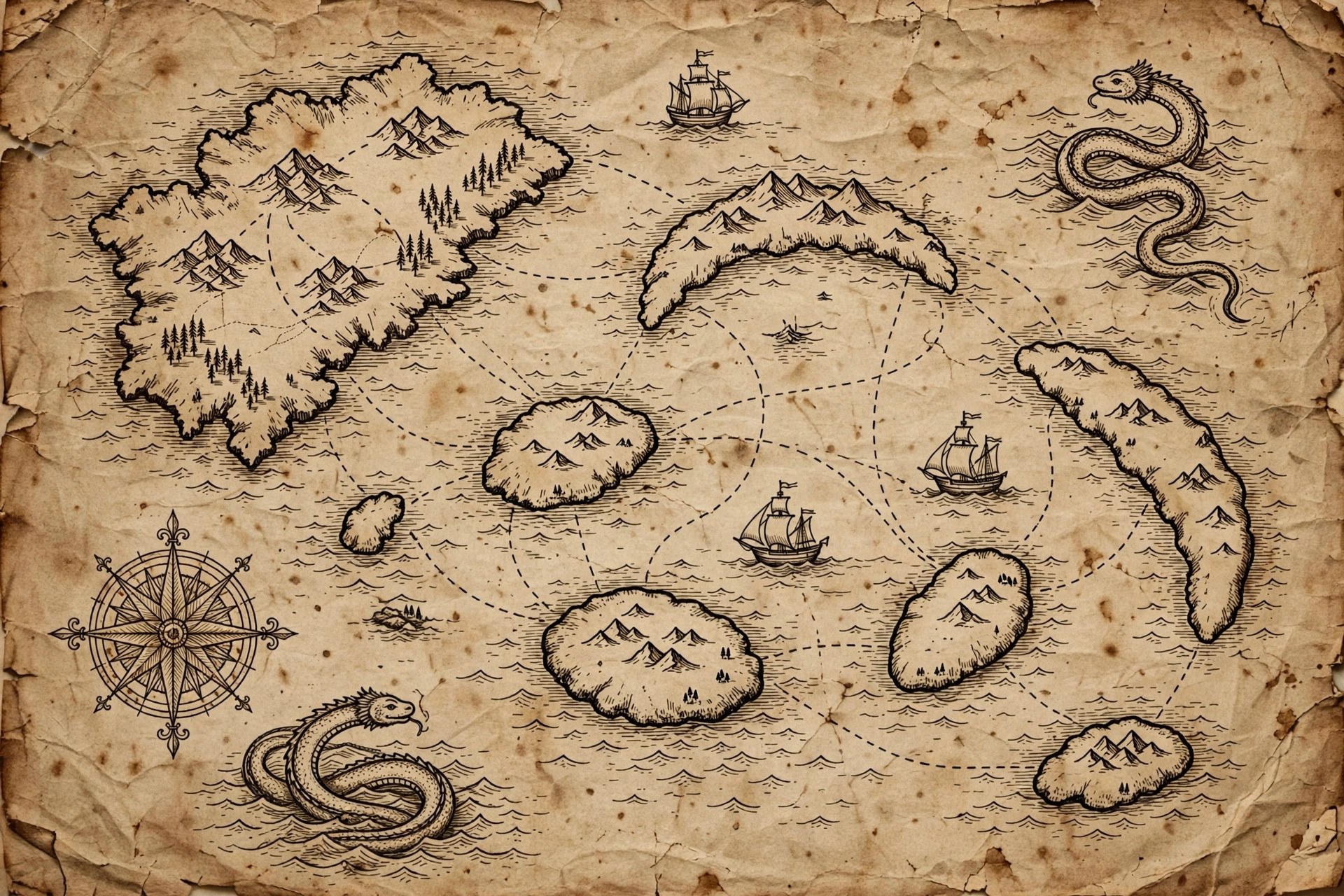 AI-generated dramatization art: an antique-style sepia map of a fictional archipelago