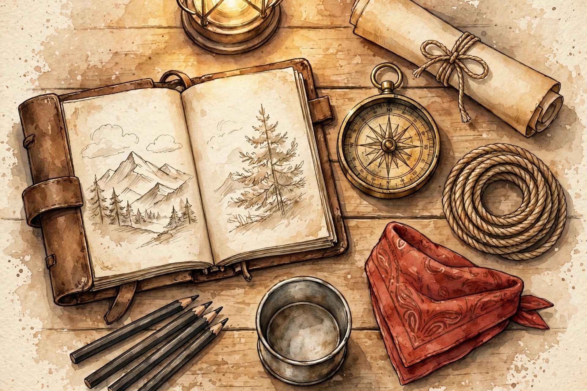 AI-generated dramatization art: explorer's gear laid out on a wooden table — field journal, brass compass, rope, tin cup