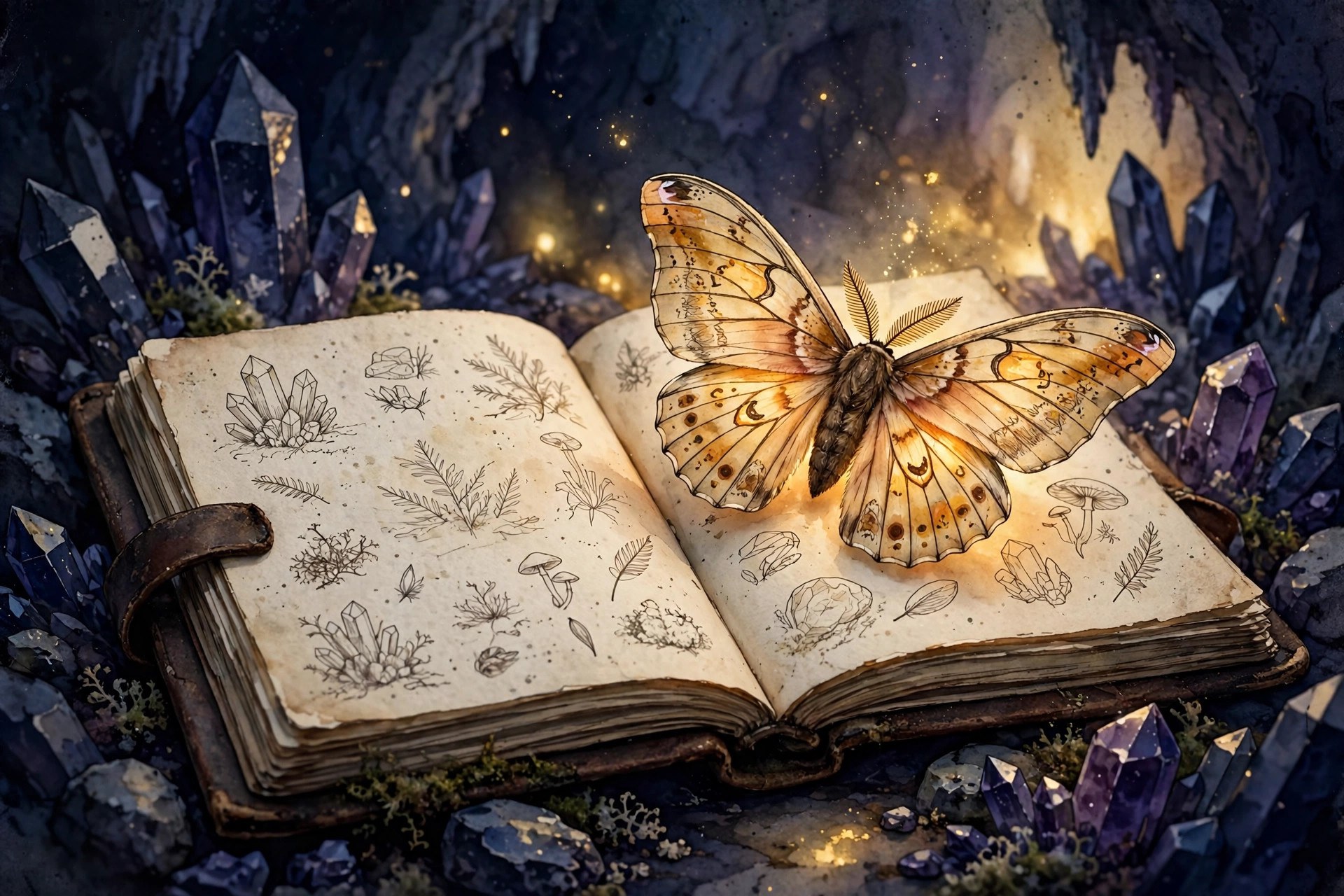 AI-generated dramatization art: a glowing moth resting on an open field journal in a dark cavern