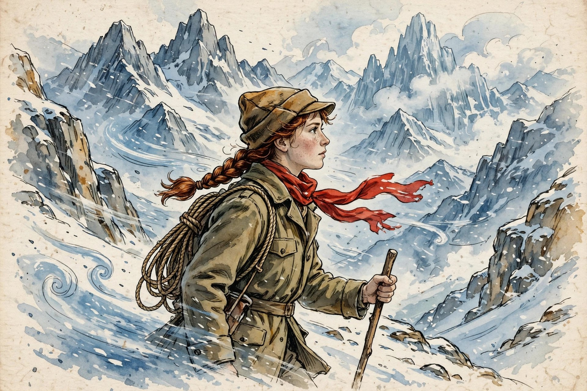 AI-generated dramatization art: an adventurer crossing a snowy mountain pass