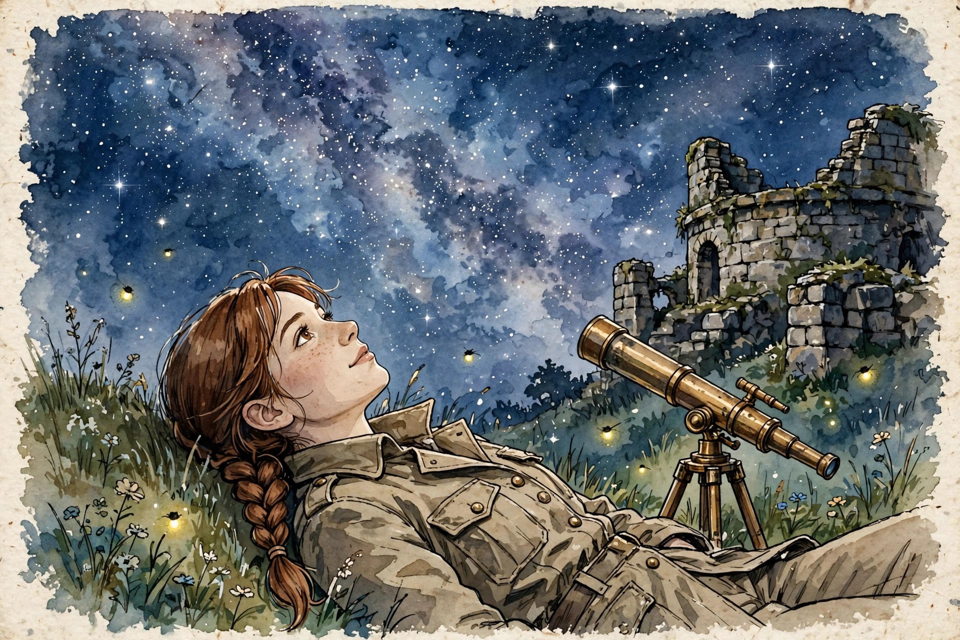 AI-generated dramatization art: an adventurer stargazing from observatory ruins under a starry sky