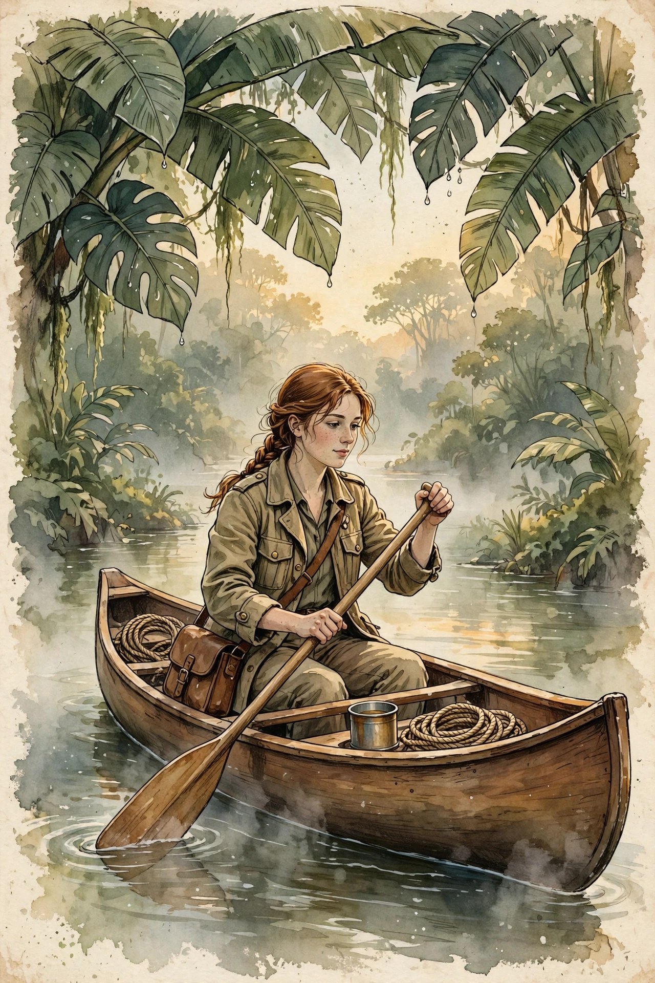 AI-generated dramatization art: a lone adventurer paddling a canoe down a misty river at dawn