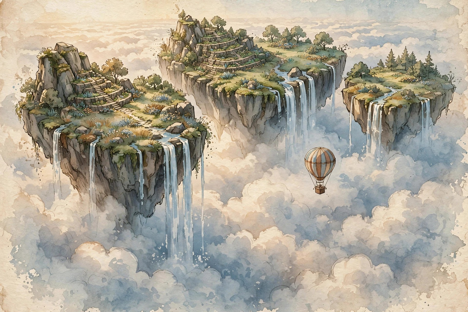 AI-generated dramatization art: the fictional Sky Islands, floating islands with waterfalls and a small balloon above the clouds
