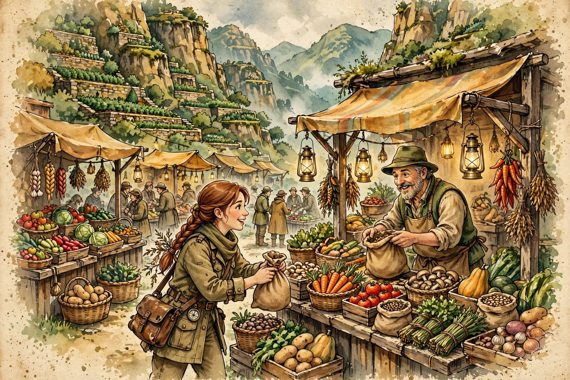 AI-generated dramatization art: a lively fictional highland village market with stalls and lanterns