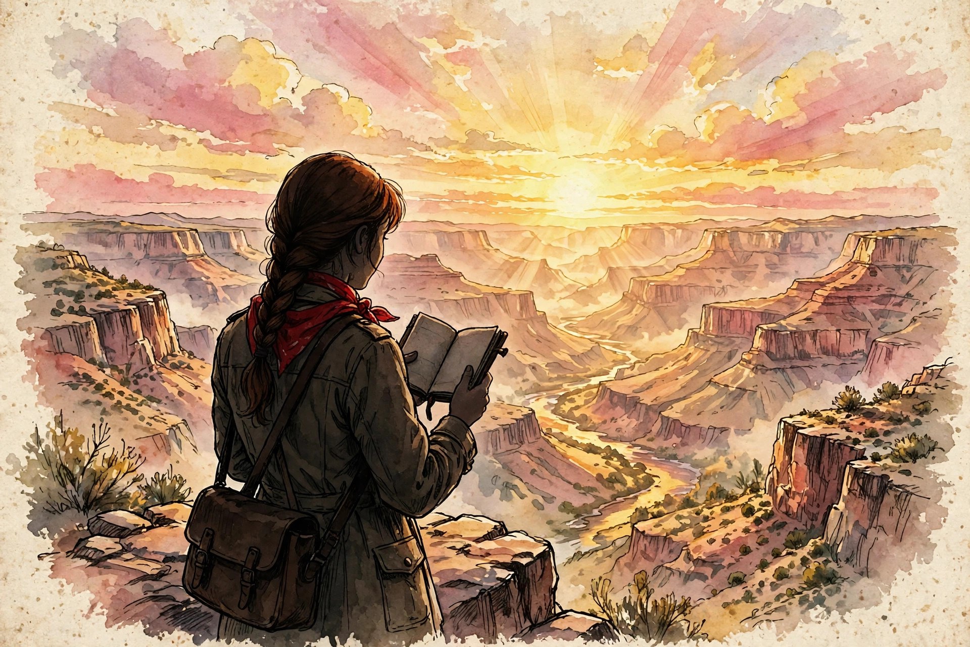 AI-generated dramatization art: girl adventurer silhouetted on a cliff edge at sunrise with her journal