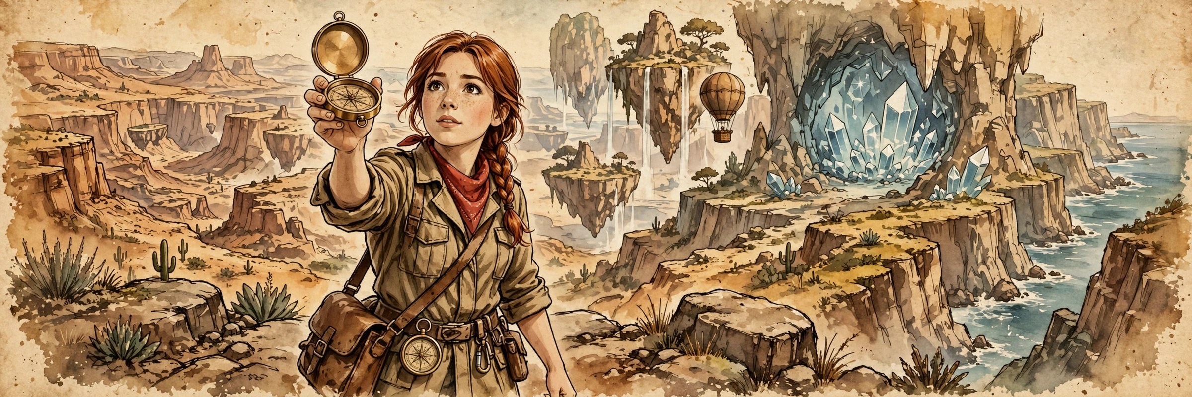 AI-generated dramatization art: girl adventurer holding up her brass compass before a panorama of fictional locales