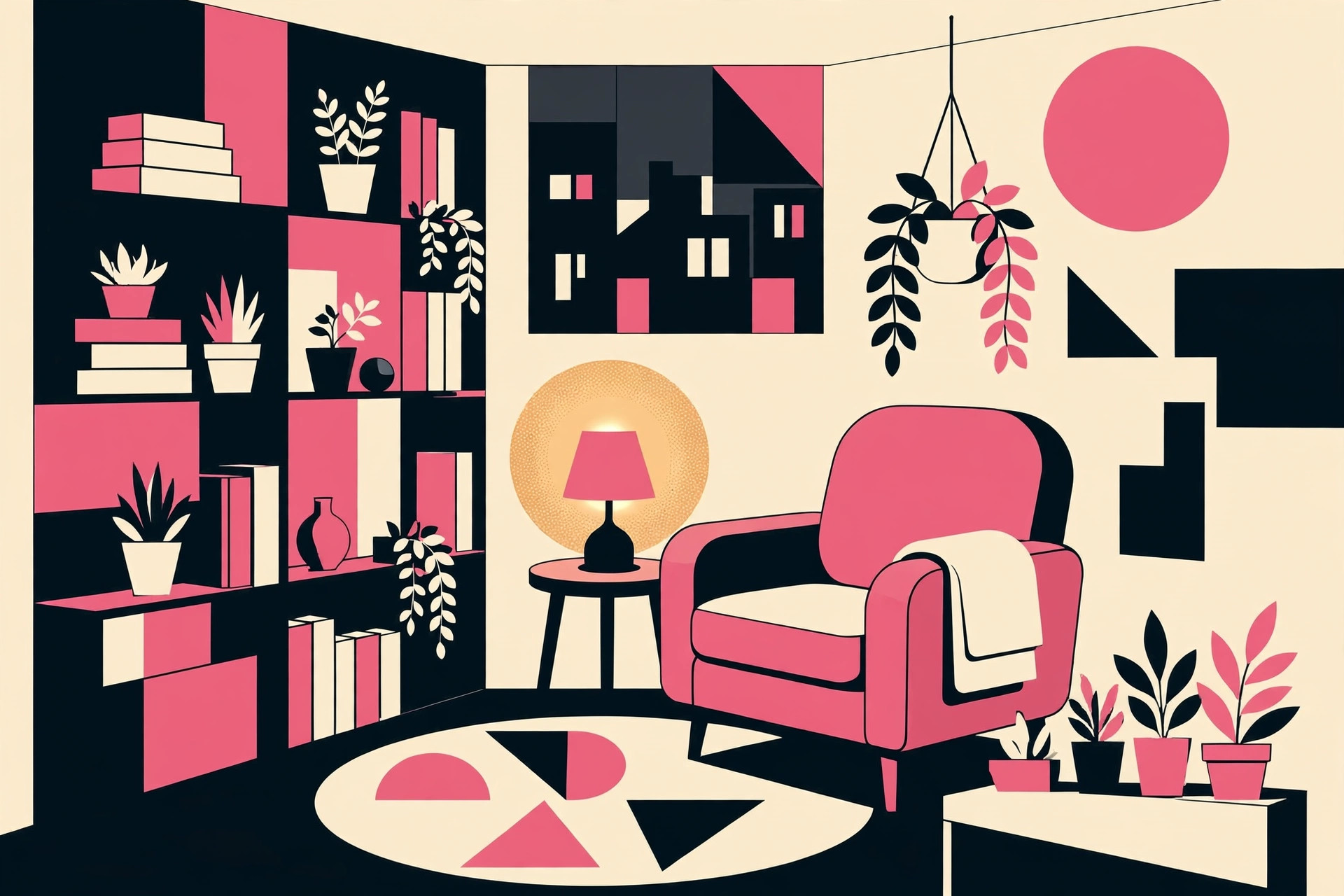 Stylized illustration of a small stylish city apartment interior with books and plants. AI-generated dramatization art
