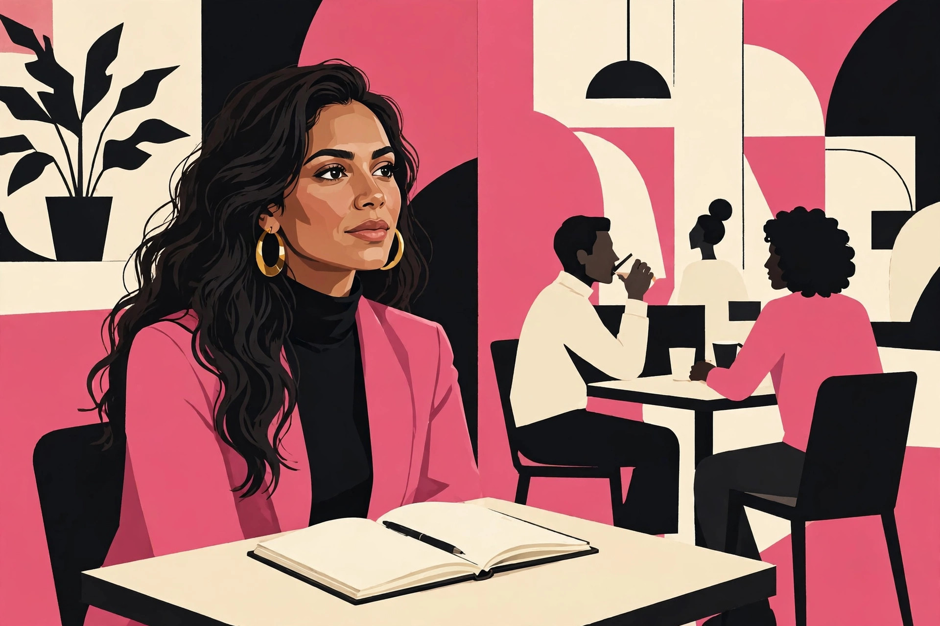 Gloria Cruz observing café life from a corner table, stylized editorial illustration. AI-generated dramatization art