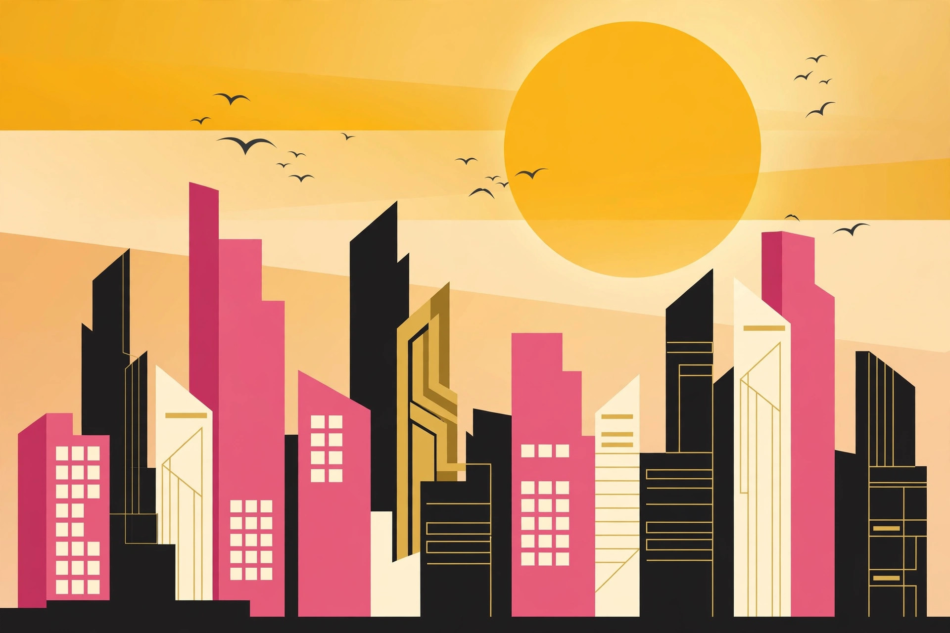 A stylized city skyline at golden hour with bold editorial shapes. AI-generated dramatization art