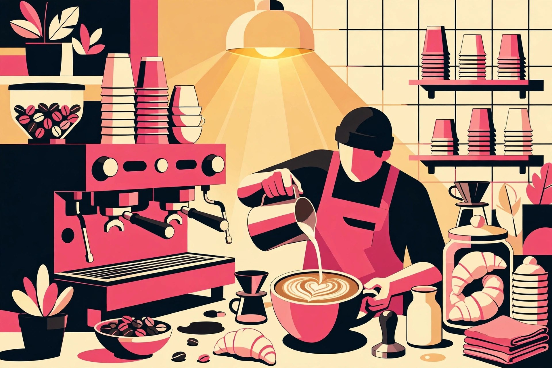 Stylized illustration of a busy specialty coffee bar with a barista. AI-generated dramatization art