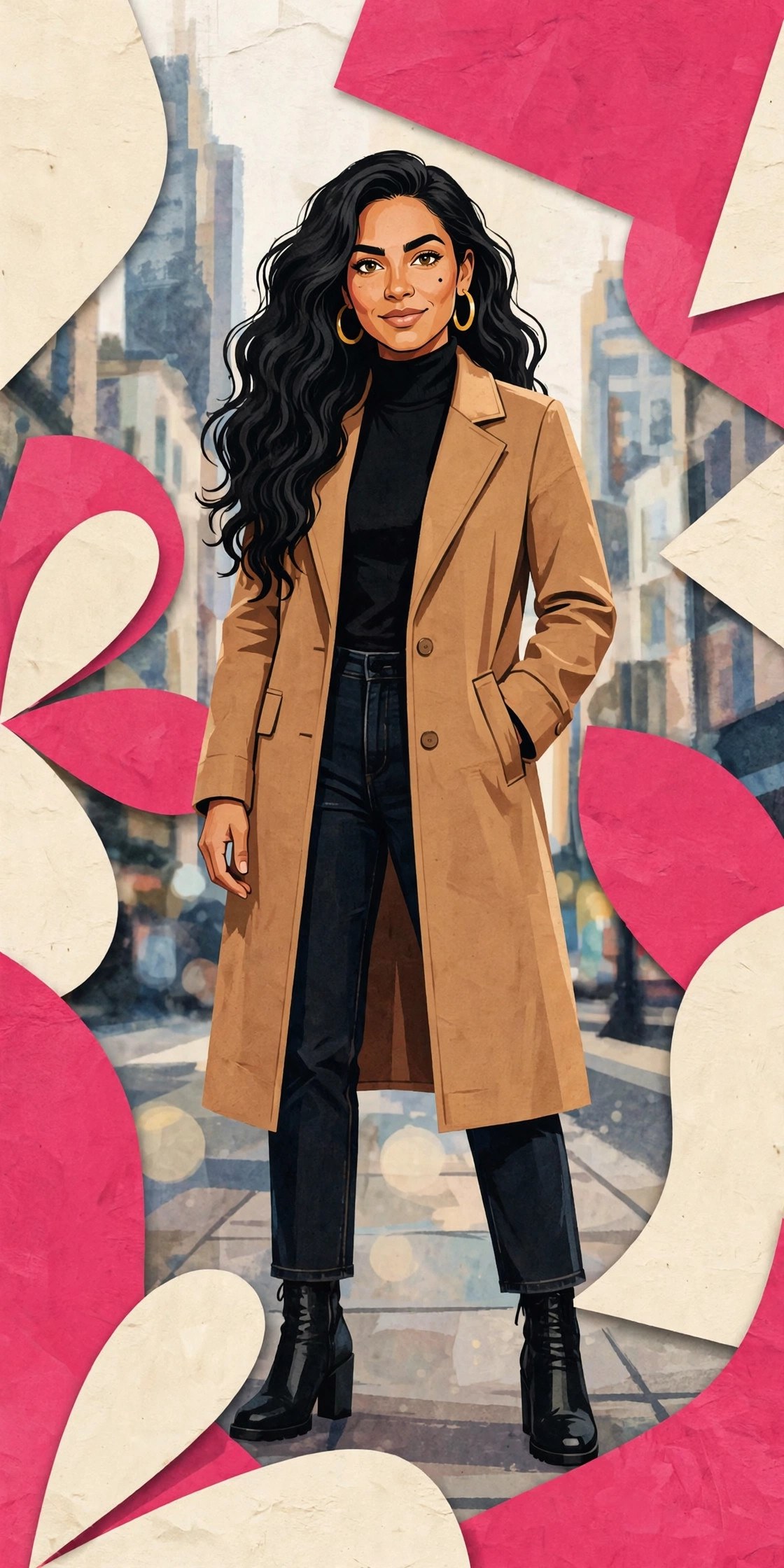 Full-body illustration of Gloria Cruz, the original fictional city persona: camel coat, black turtleneck, gold hoops, confident stance on a city street. AI-generated dramatization art