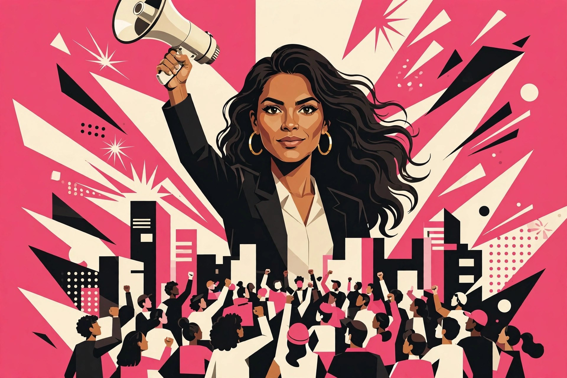 Stylized illustration of Gloria Cruz with a megaphone over a city crowd. AI-generated dramatization art