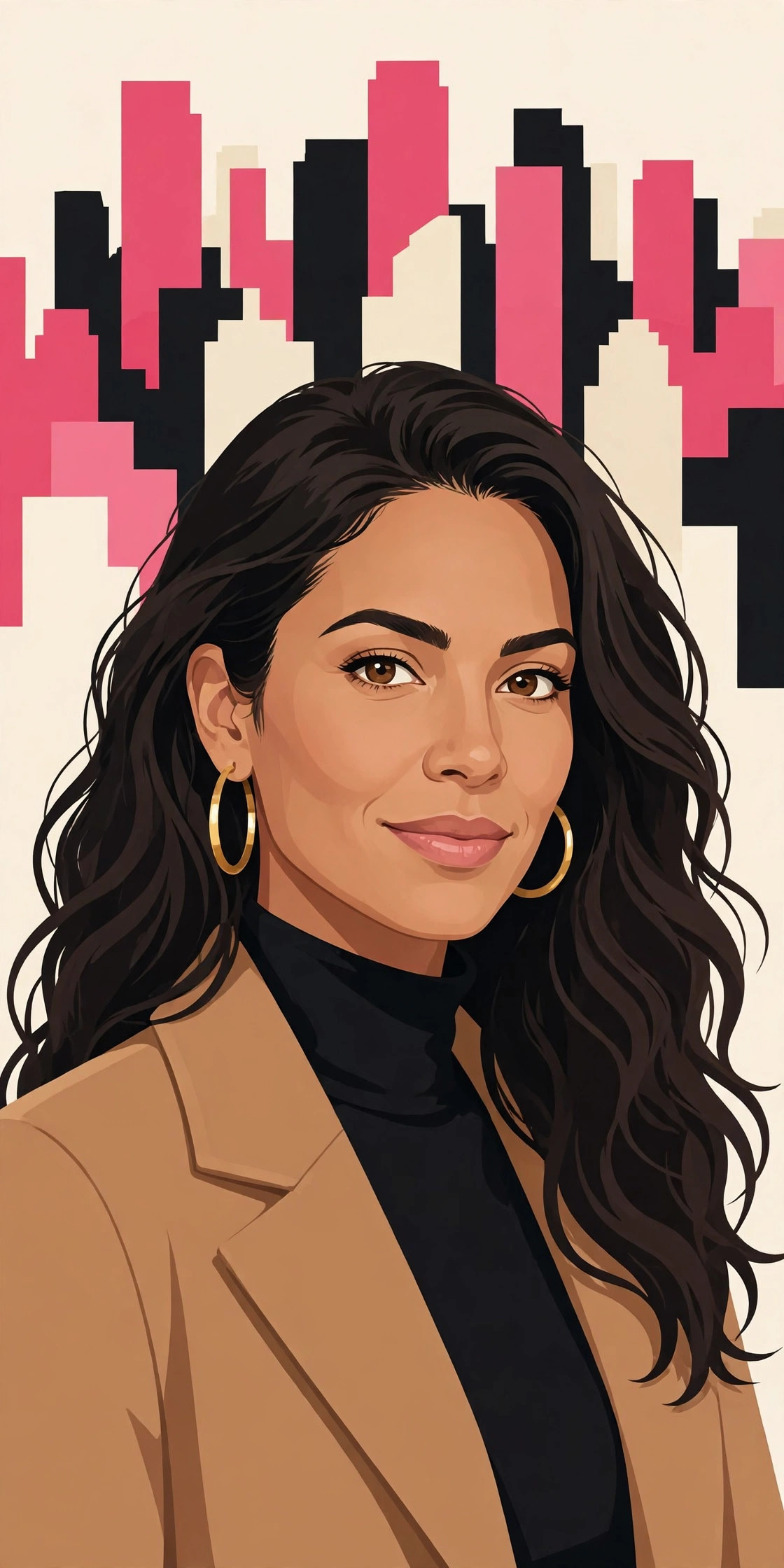 Gloria Cruz, the original fictional city persona: a confident Latina woman in her early 30s with long dark wavy hair and gold hoop earrings, camel coat, city skyline behind her. AI-generated dramatization art